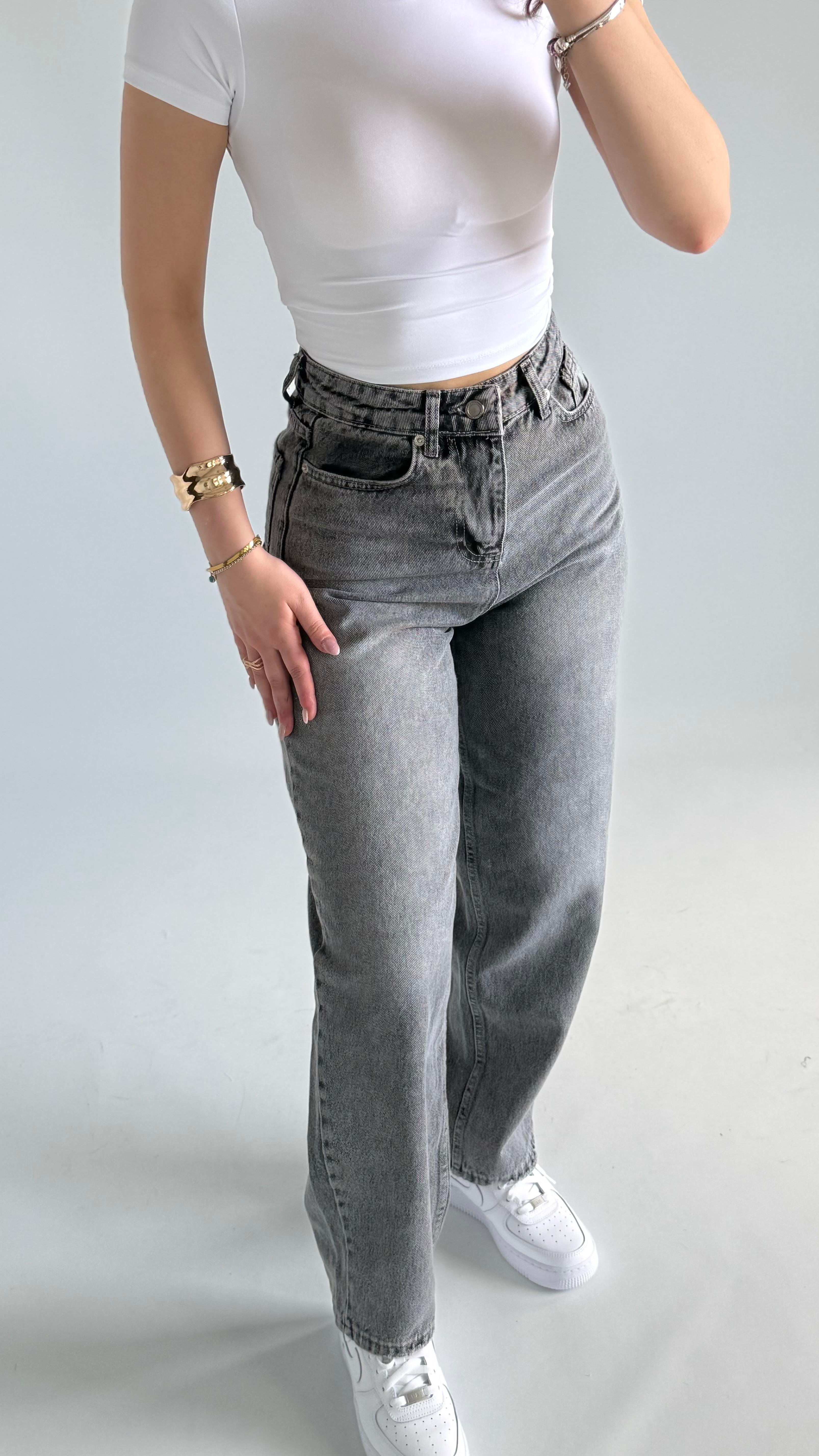 Jenner Wide Leg Jean Taşlanmış Gri 