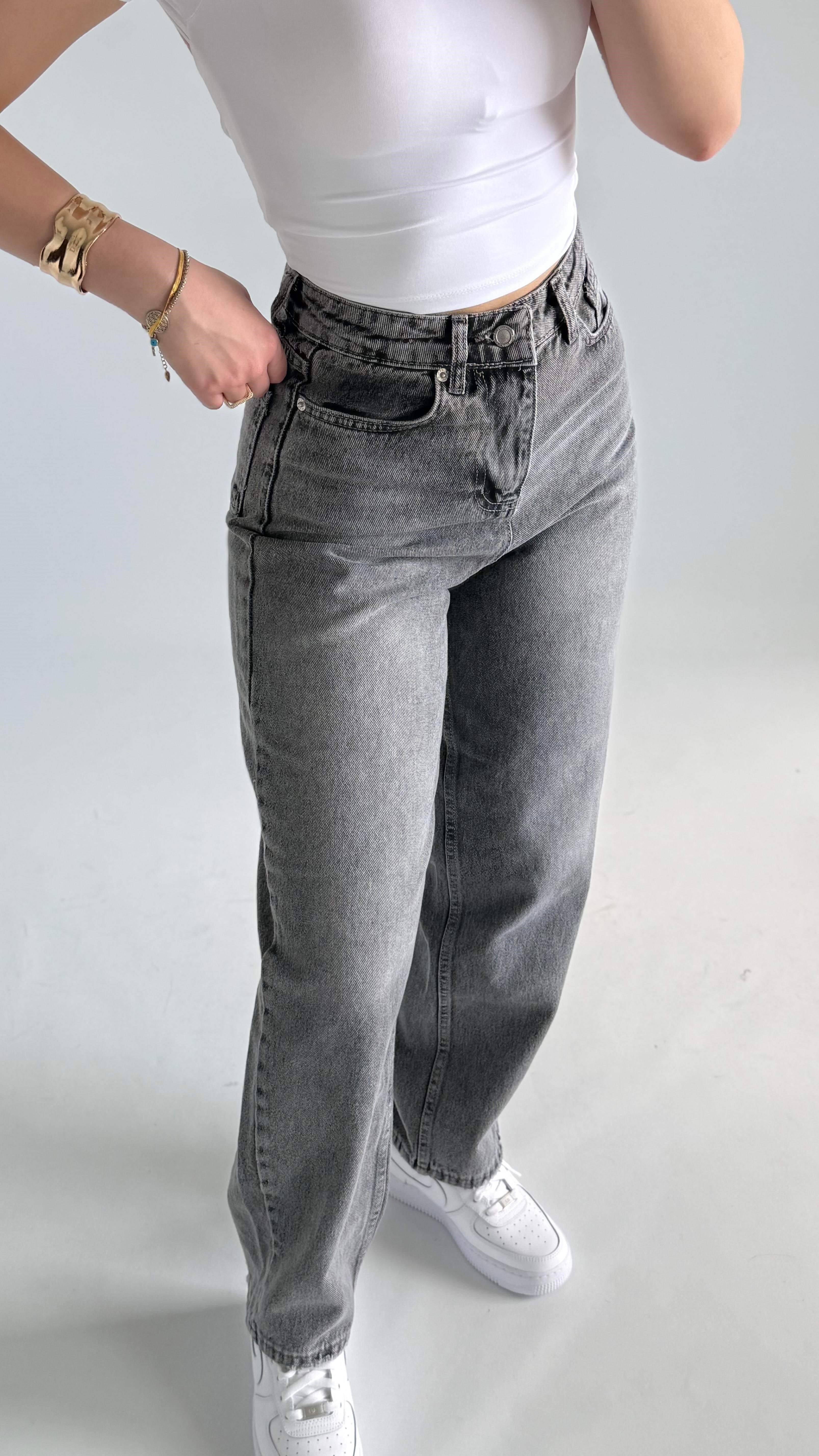 Jenner Wide Leg Jean Taşlanmış Gri 