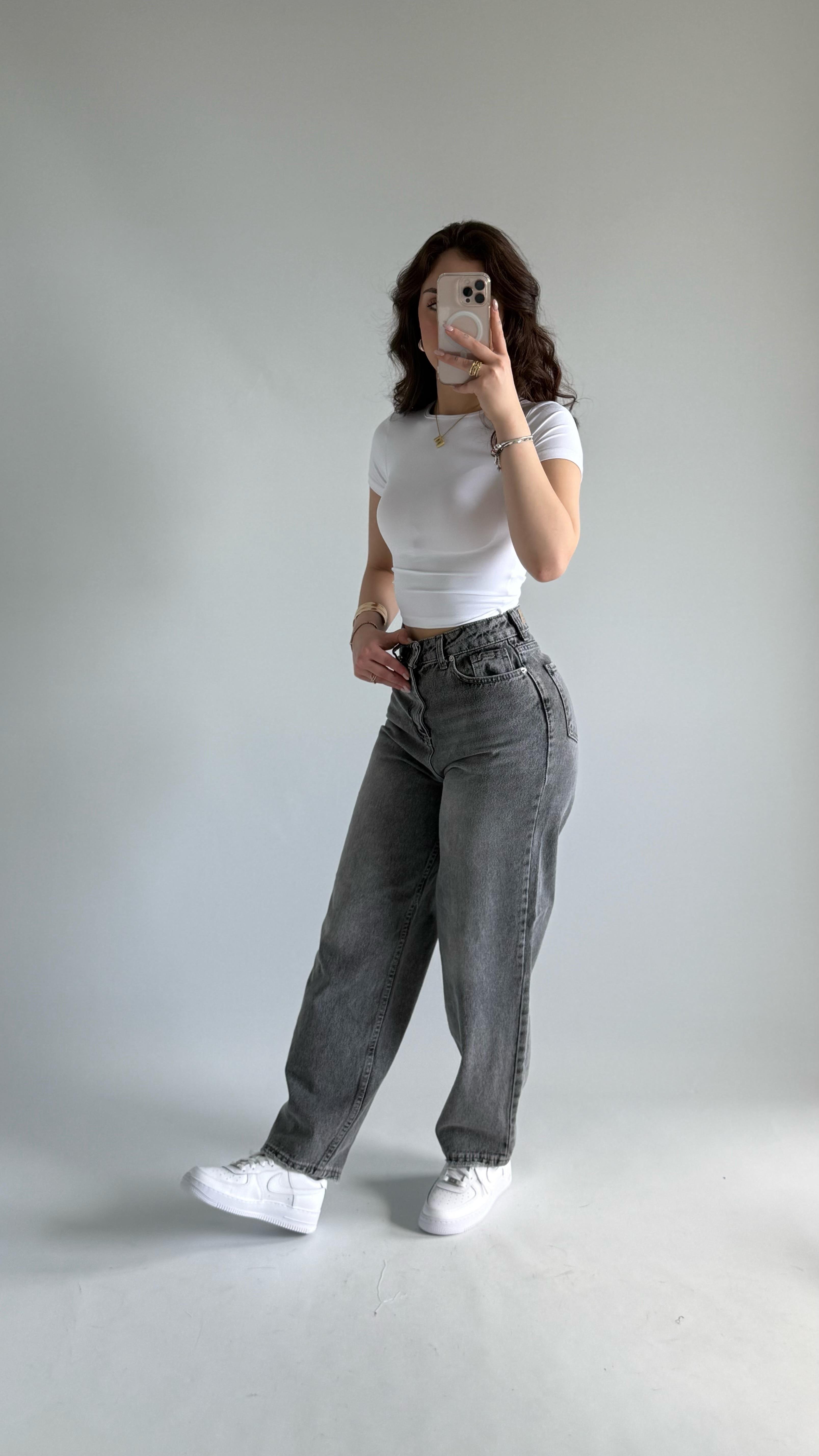Jenner Wide Leg Jean Taşlanmış Gri 