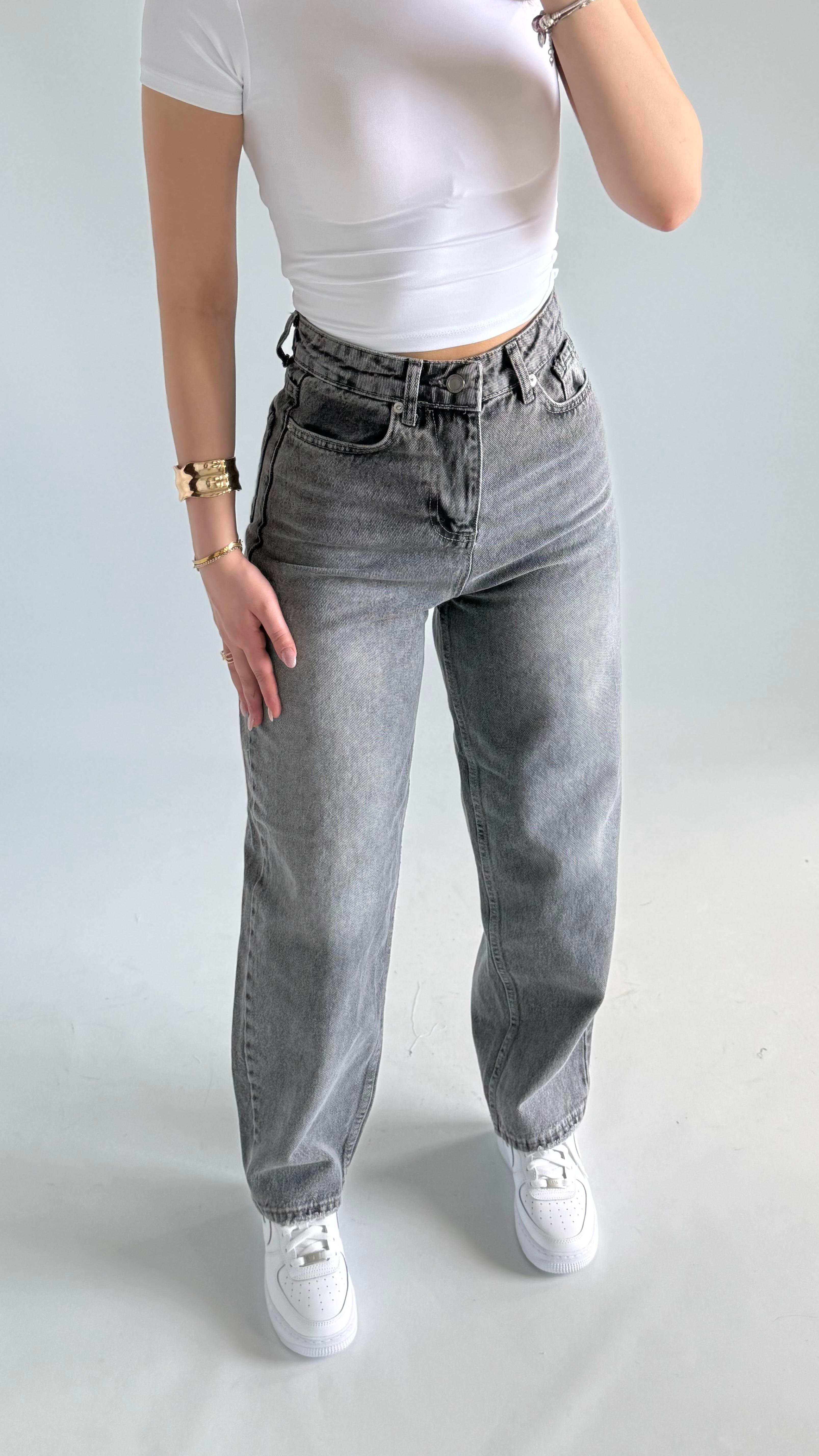 Jenner Wide Leg Jean Taşlanmış Gri 