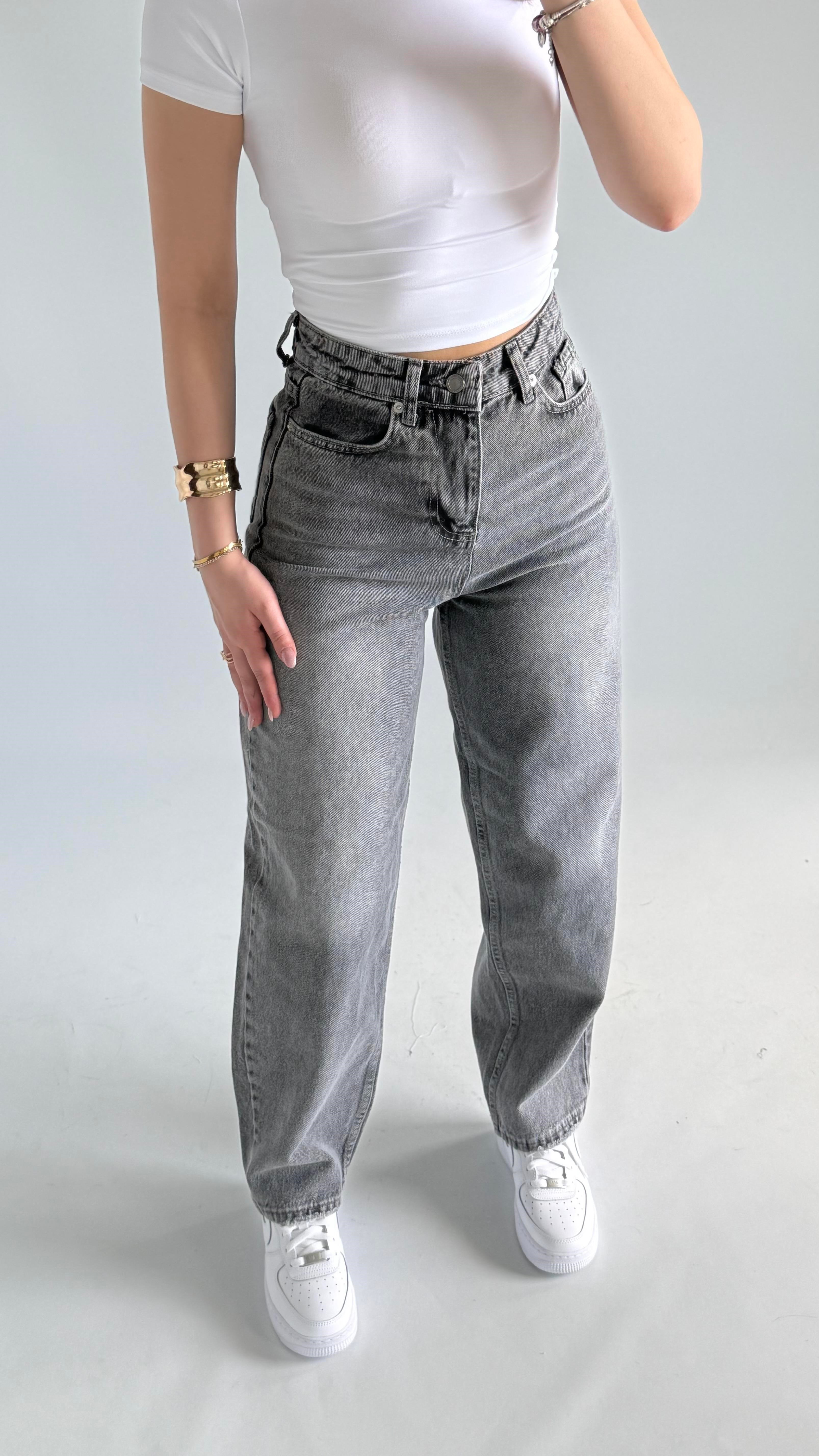 Jenner Wide Leg Jean Taşlanmış Gri 