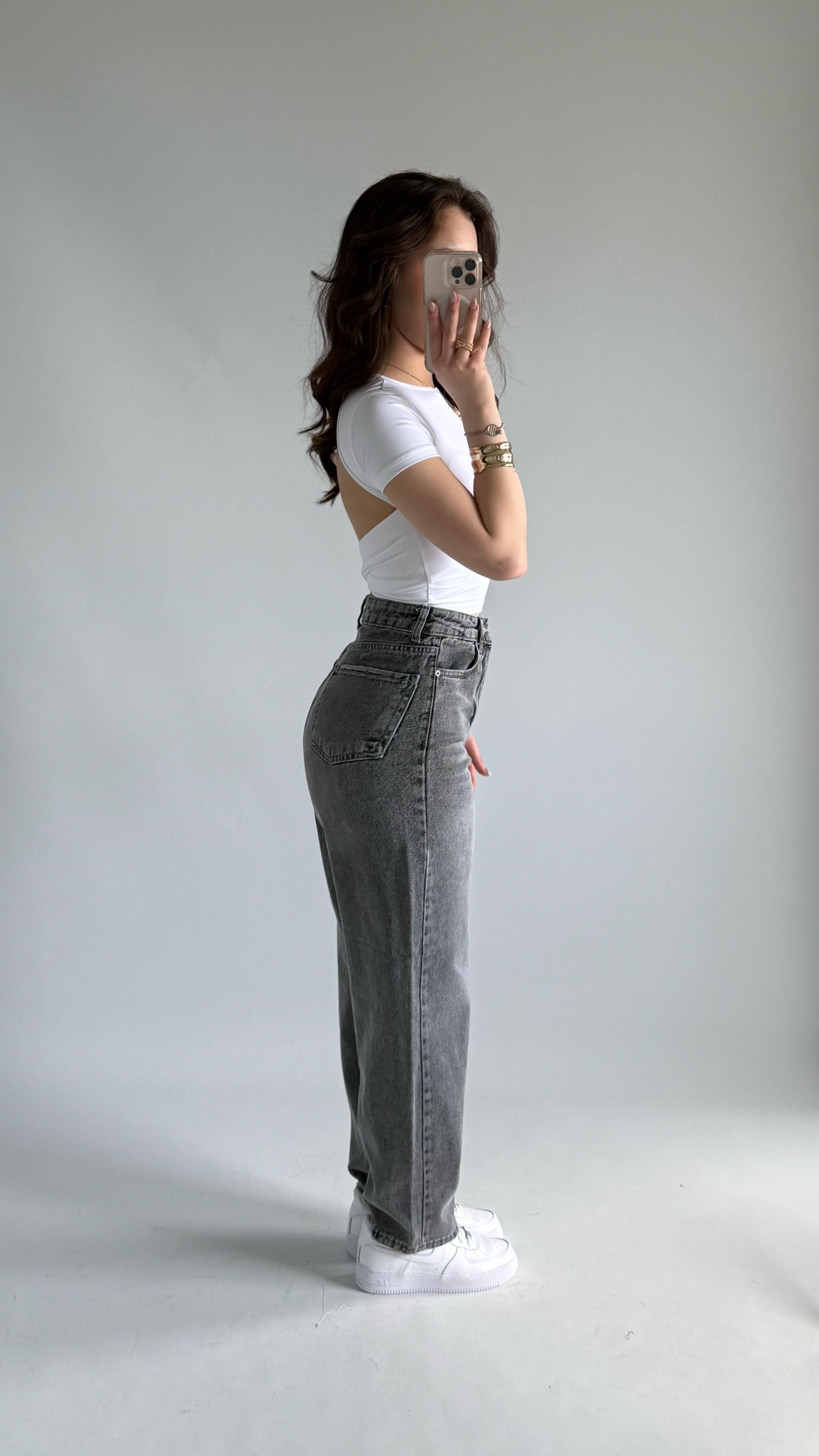 Jenner Wide Leg Jean Taşlanmış Gri 