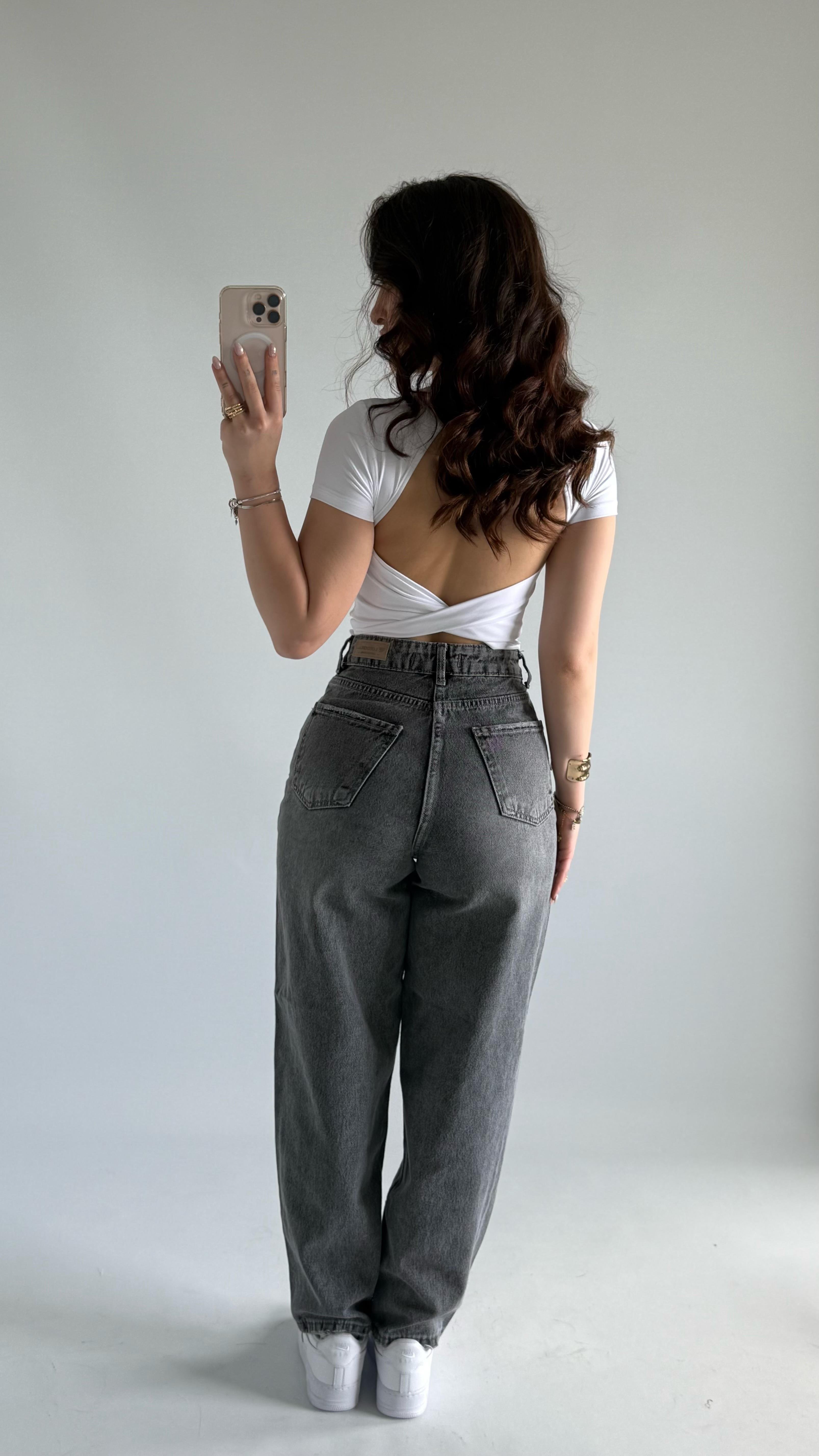 Jenner Wide Leg Jean Taşlanmış Gri 