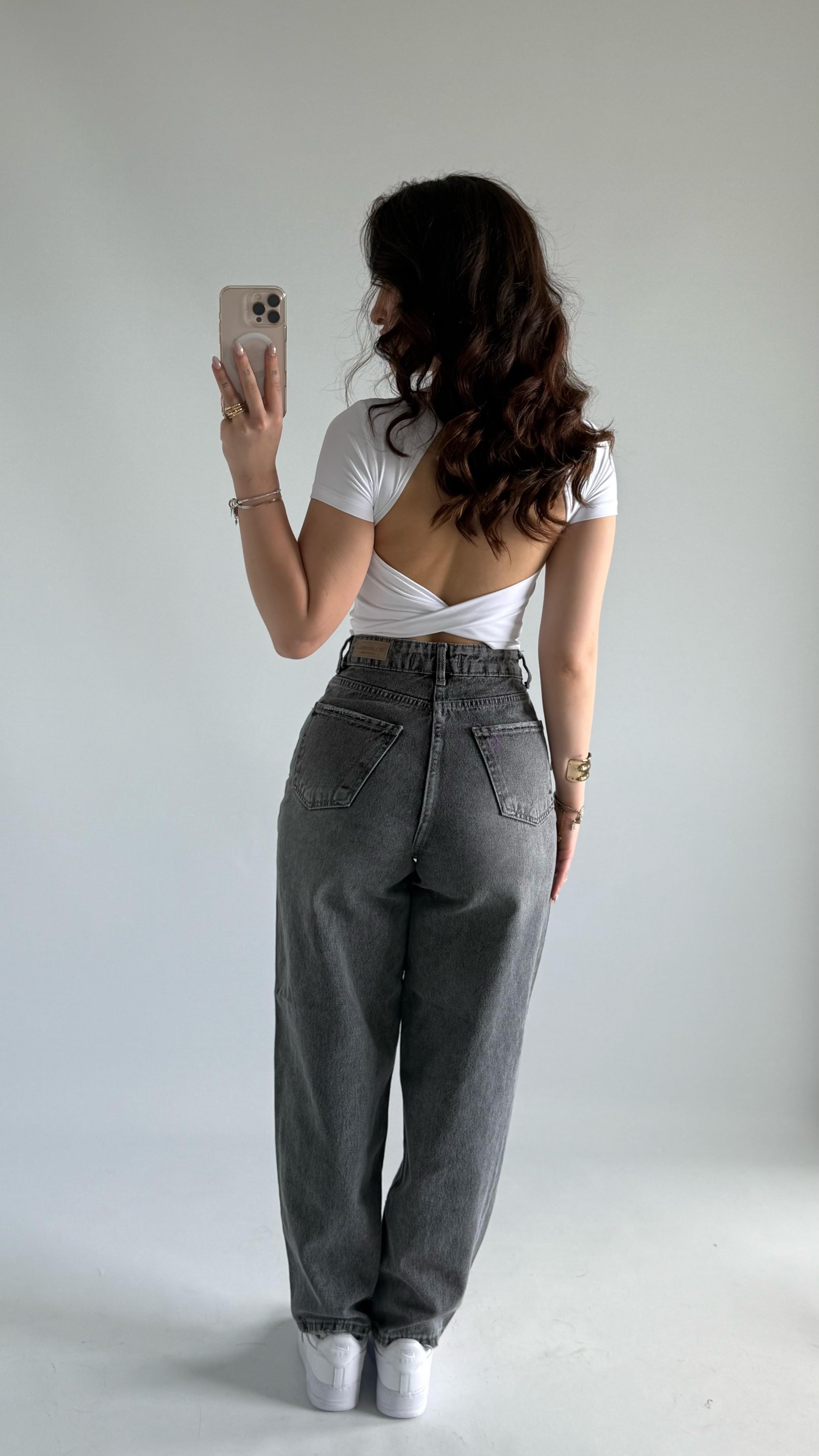 Jenner Wide Leg Jean Taşlanmış Gri 