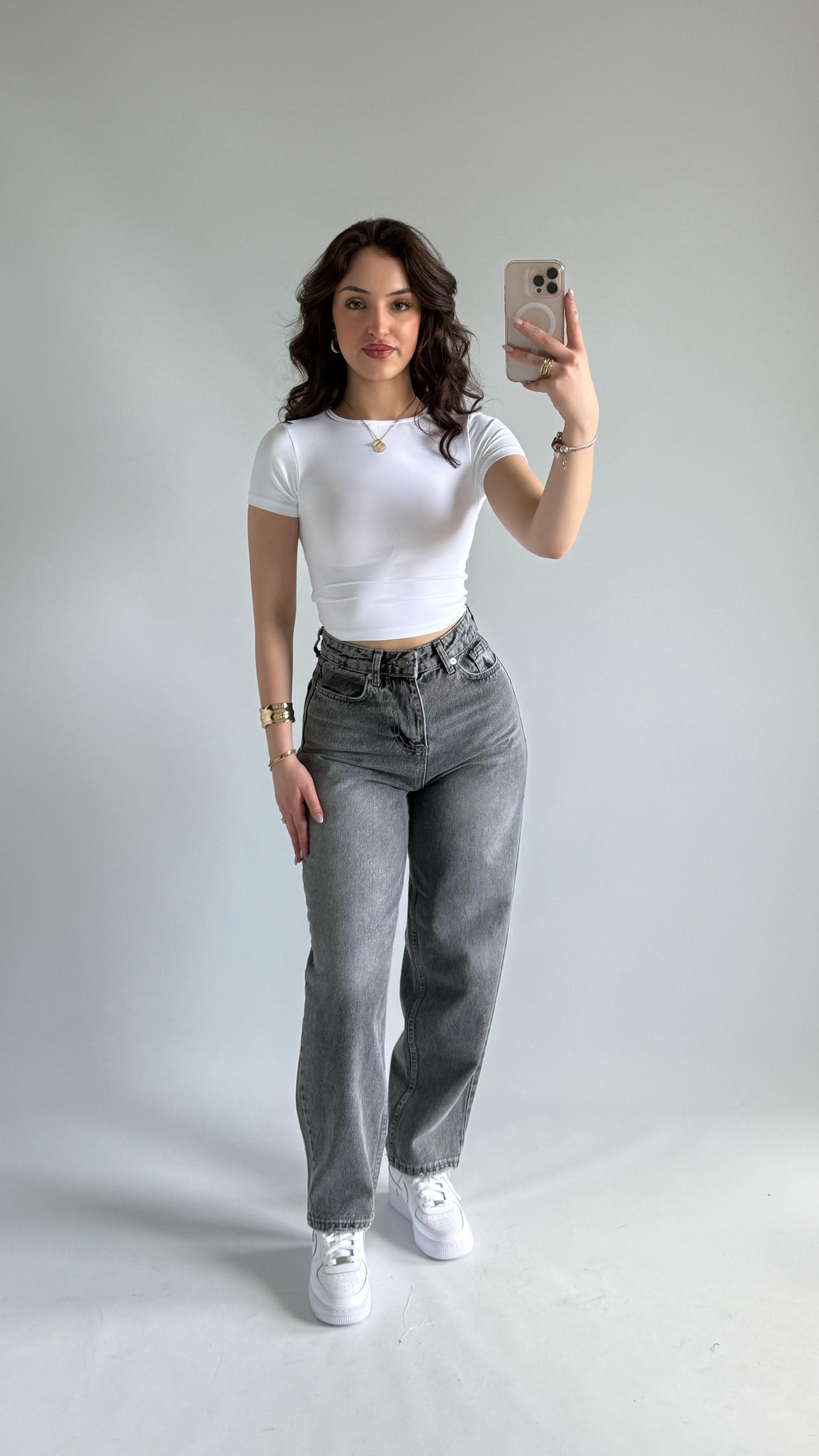 Jenner Wide Leg Jean Taşlanmış Gri 