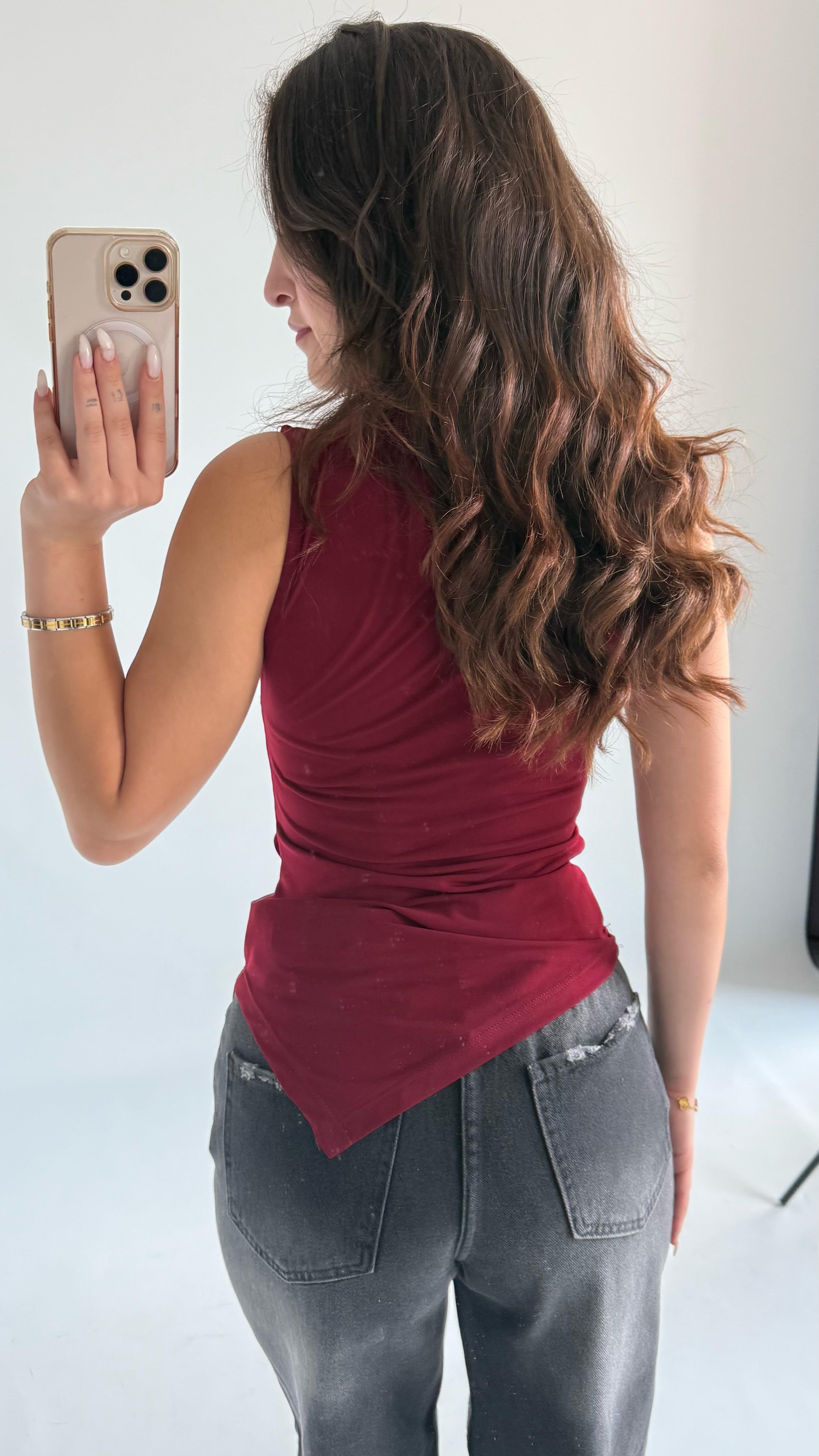 July Sıfır Kol Drape Asimetrik Bluz Bordo