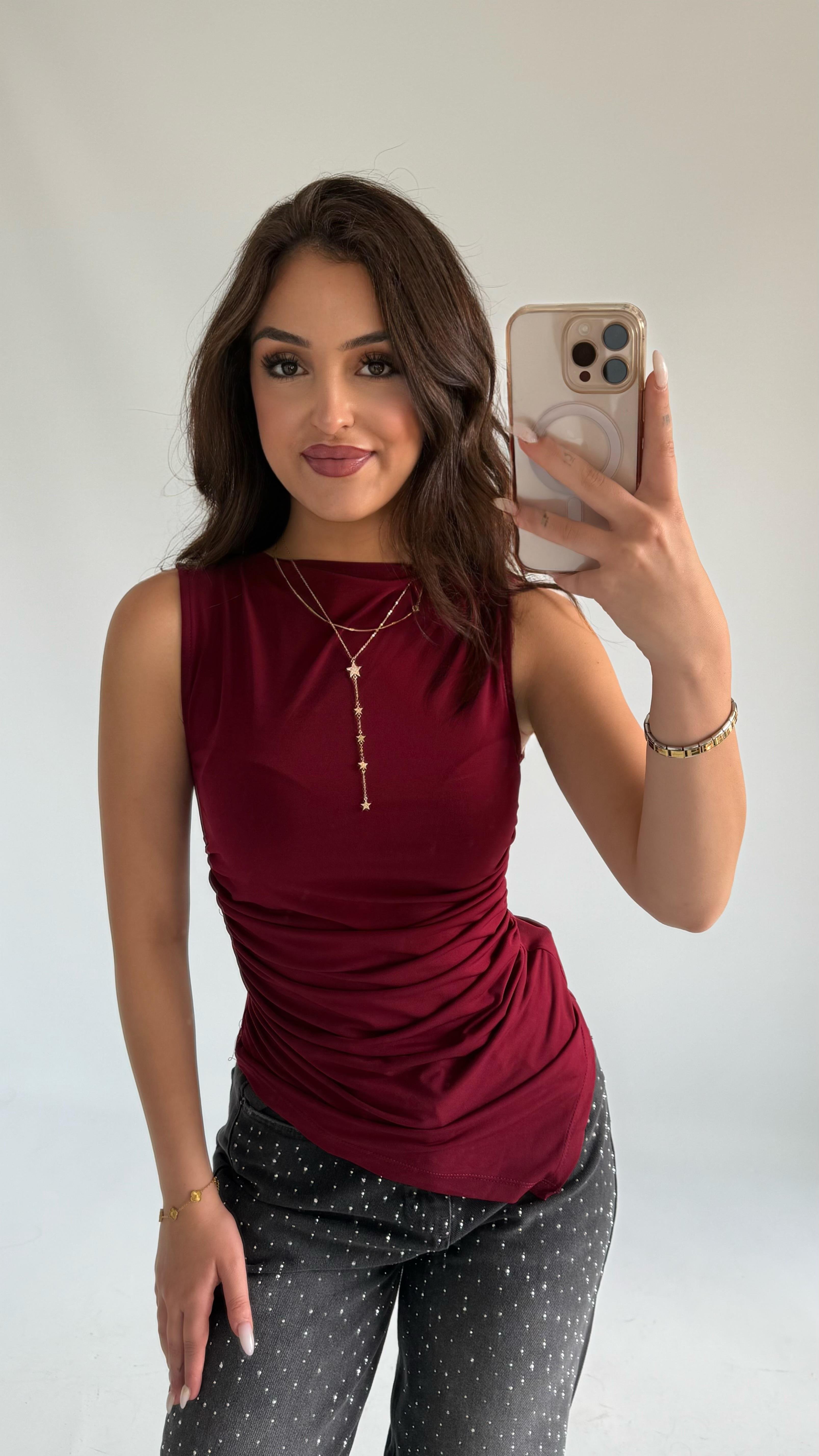July Sıfır Kol Drape Asimetrik Bluz Bordo