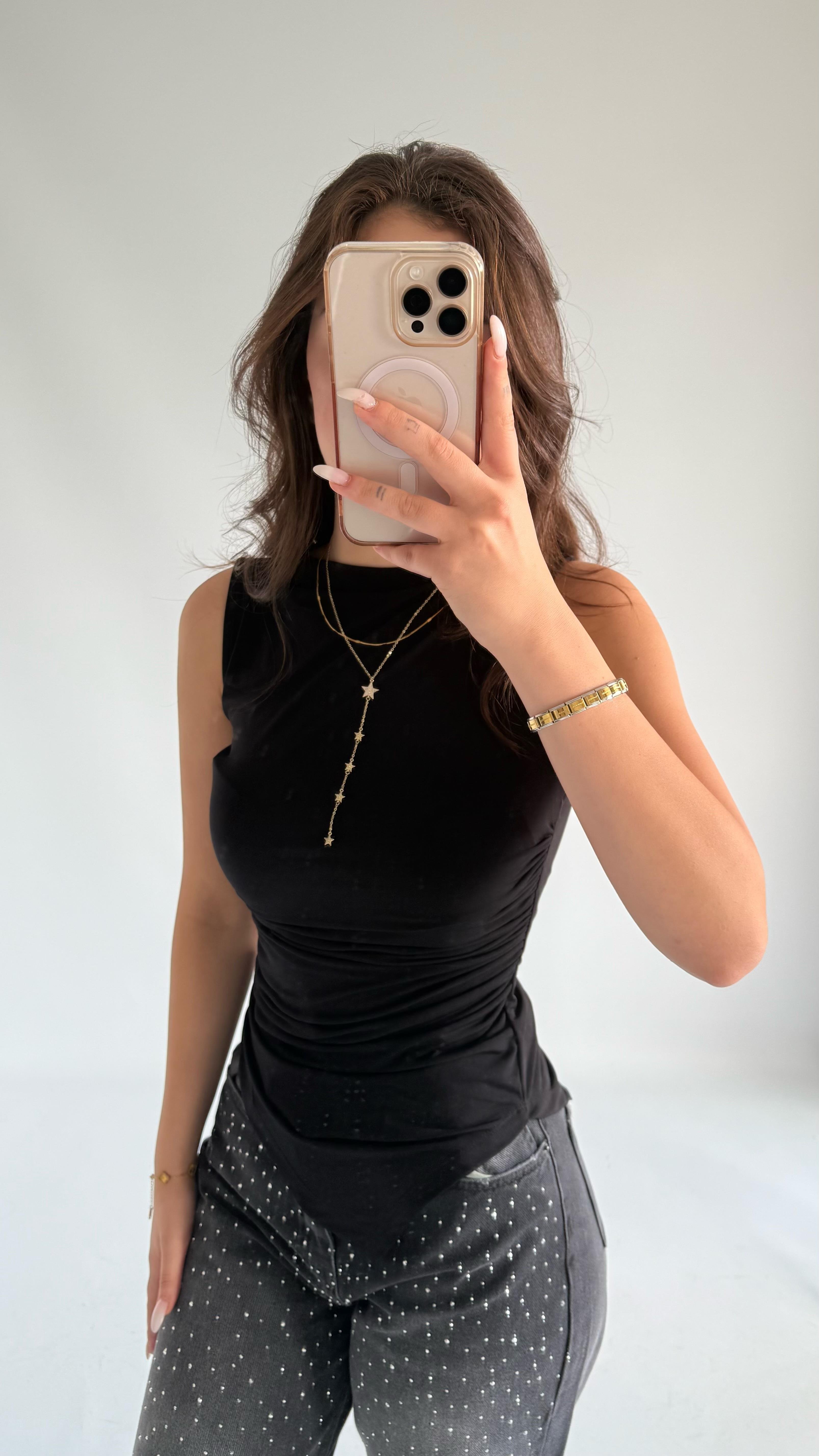 July Sıfır Kol Drape Asimetrik Bluz Siyah