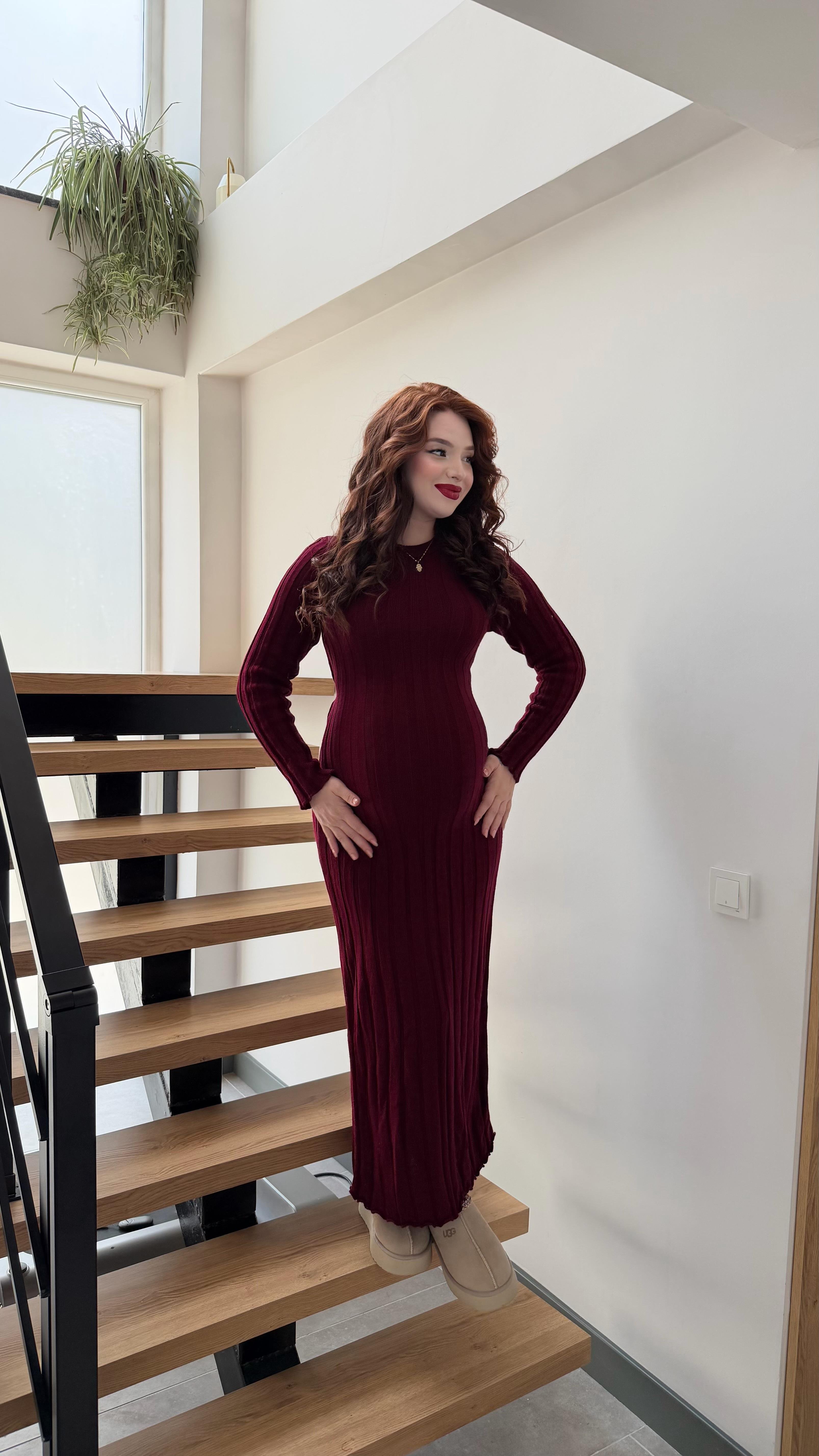 Kalın Belden Bağlamalı Triko Elbise Bordo