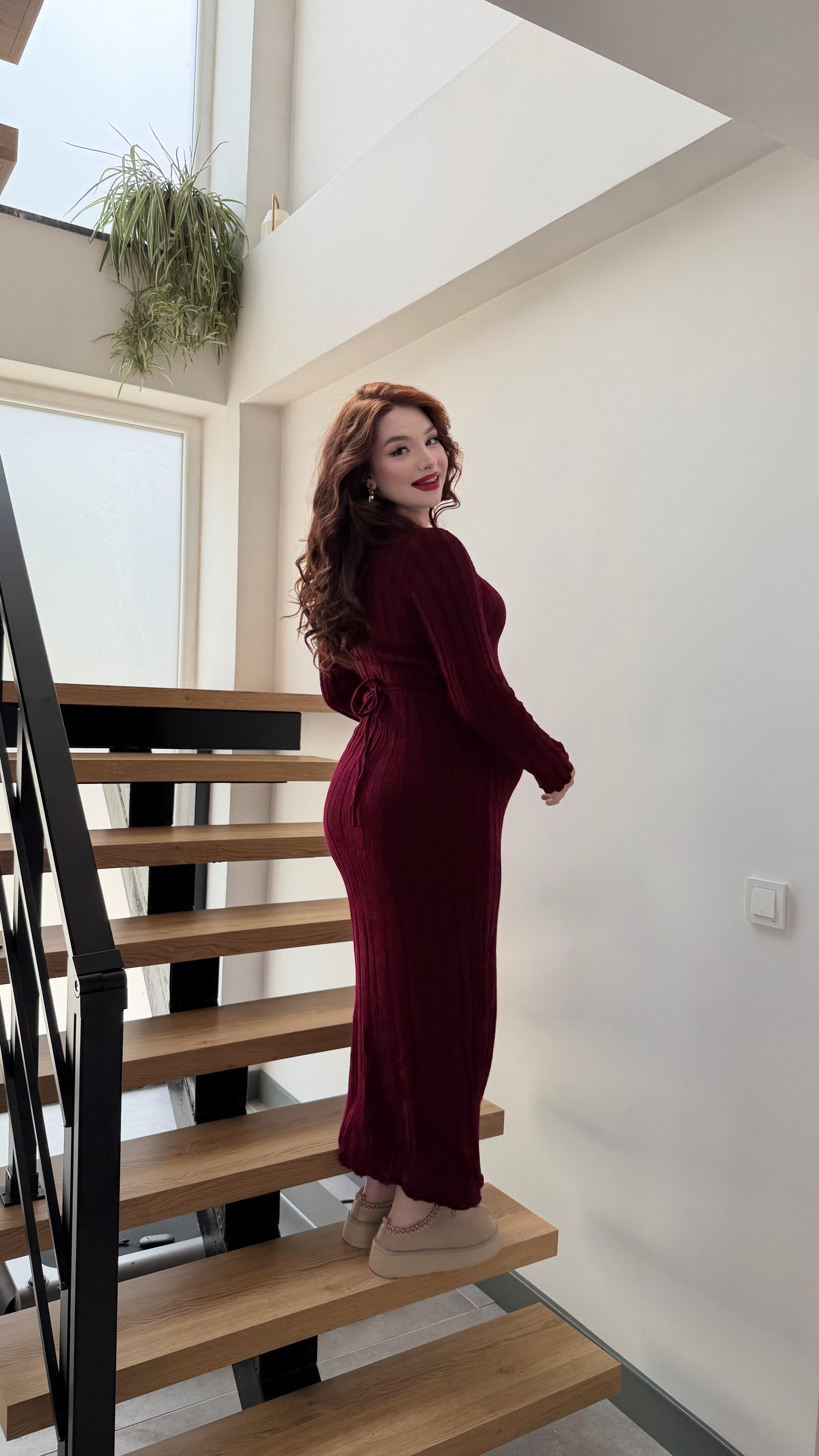 Kalın Belden Bağlamalı Triko Elbise Bordo