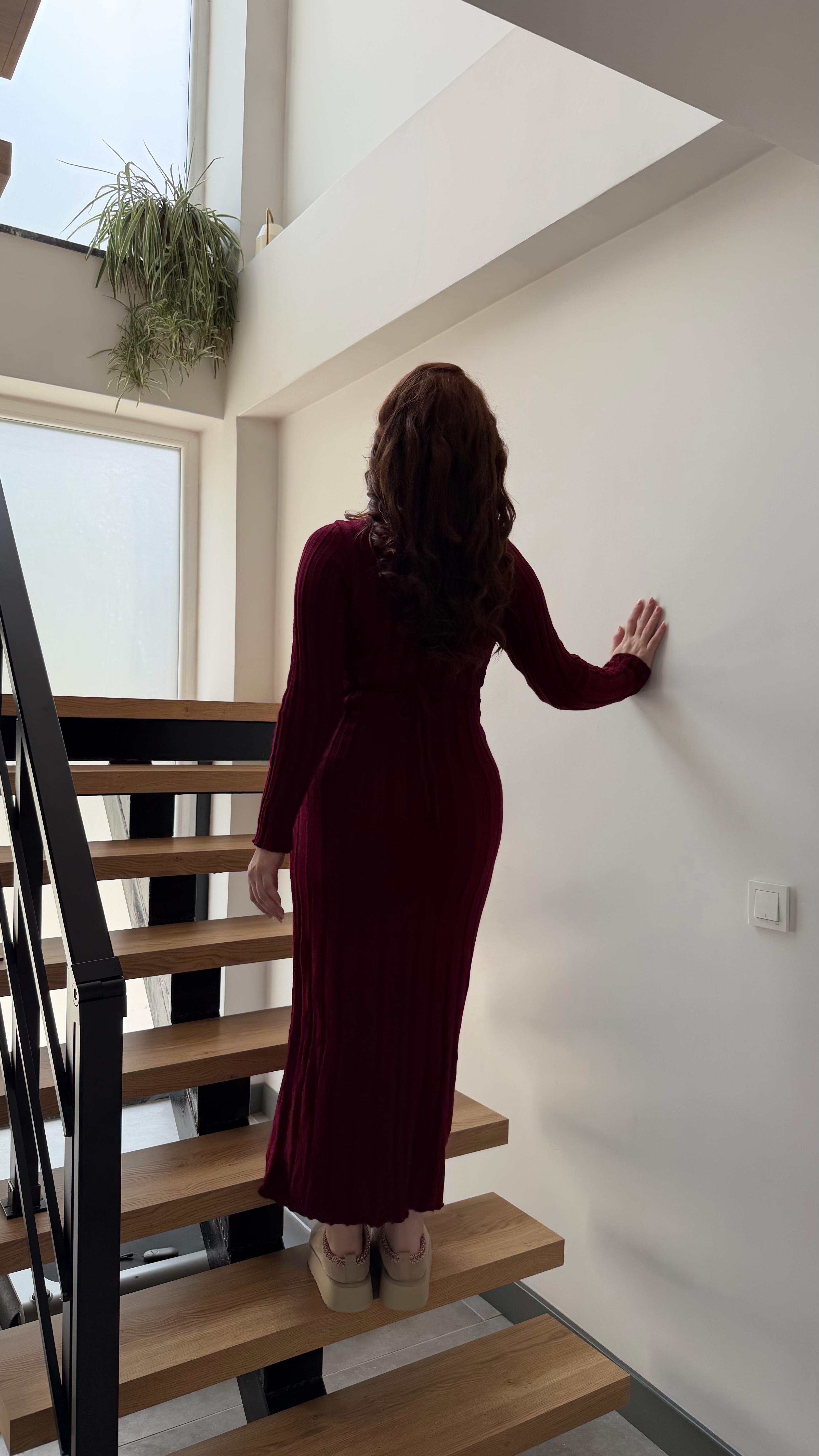 Kalın Belden Bağlamalı Triko Elbise Bordo