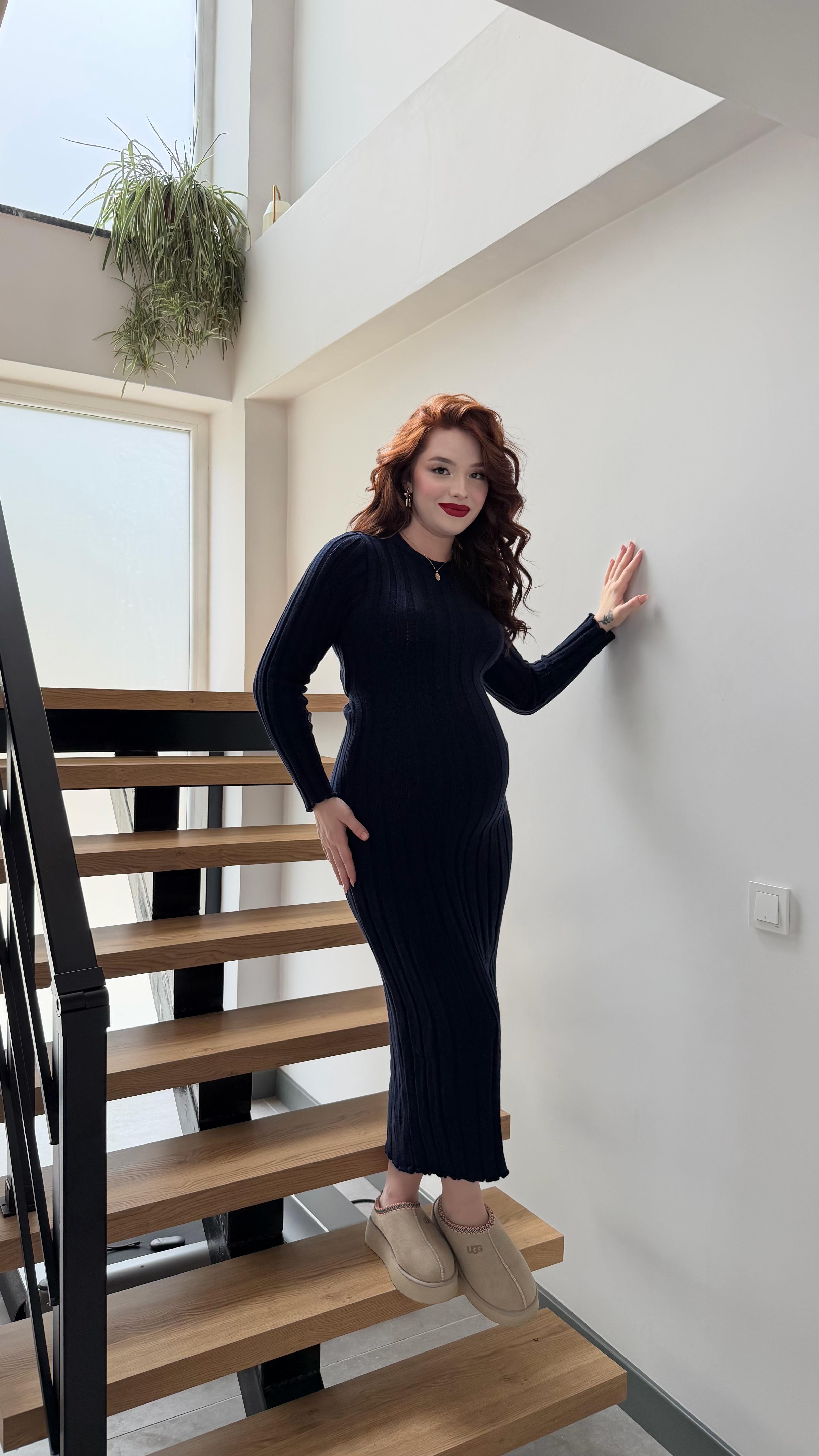 Kalın Belden Bağlamalı Triko Elbise Lacivert