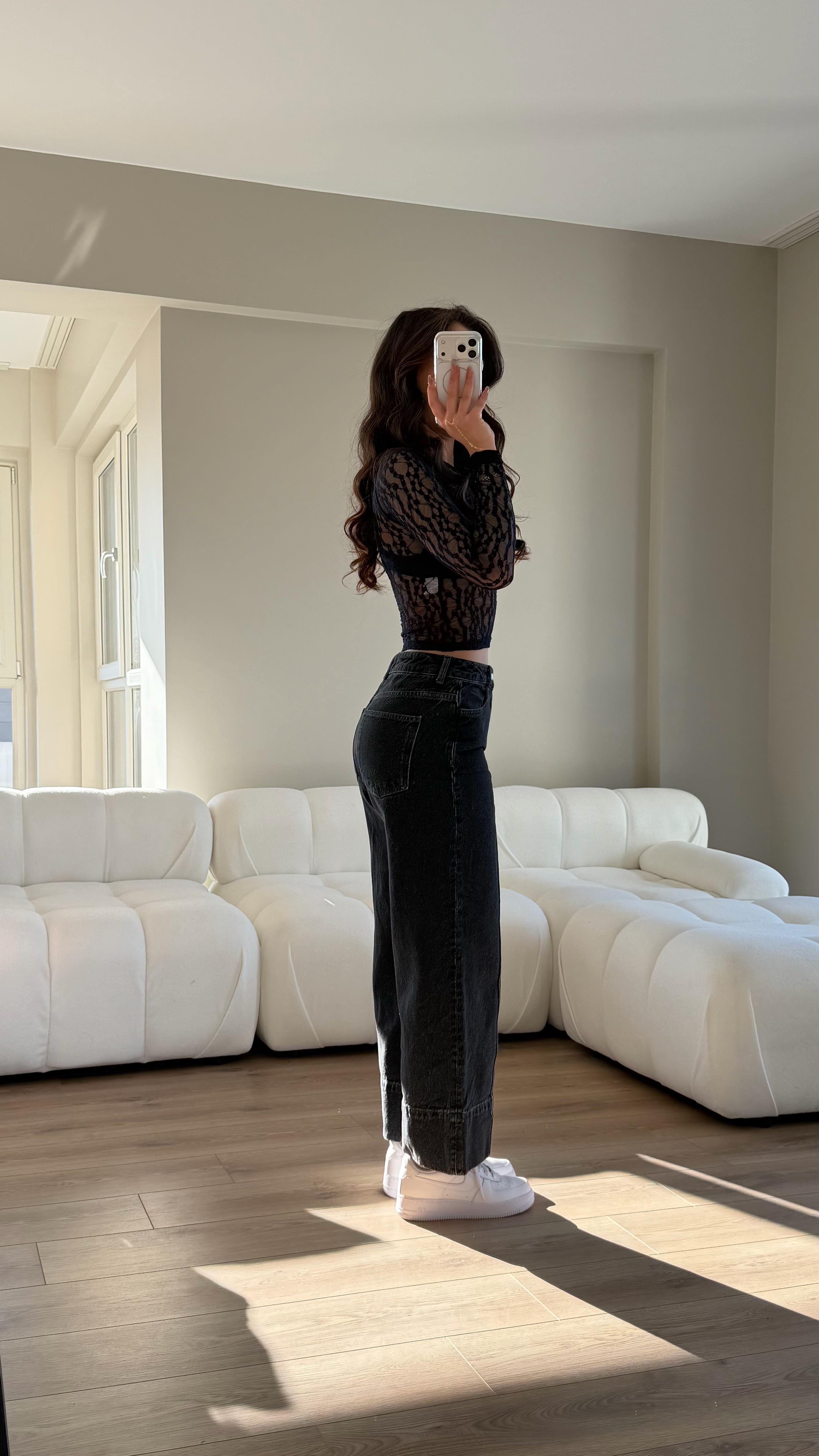 Kalın Paça Çımalı Pantolon Siyah