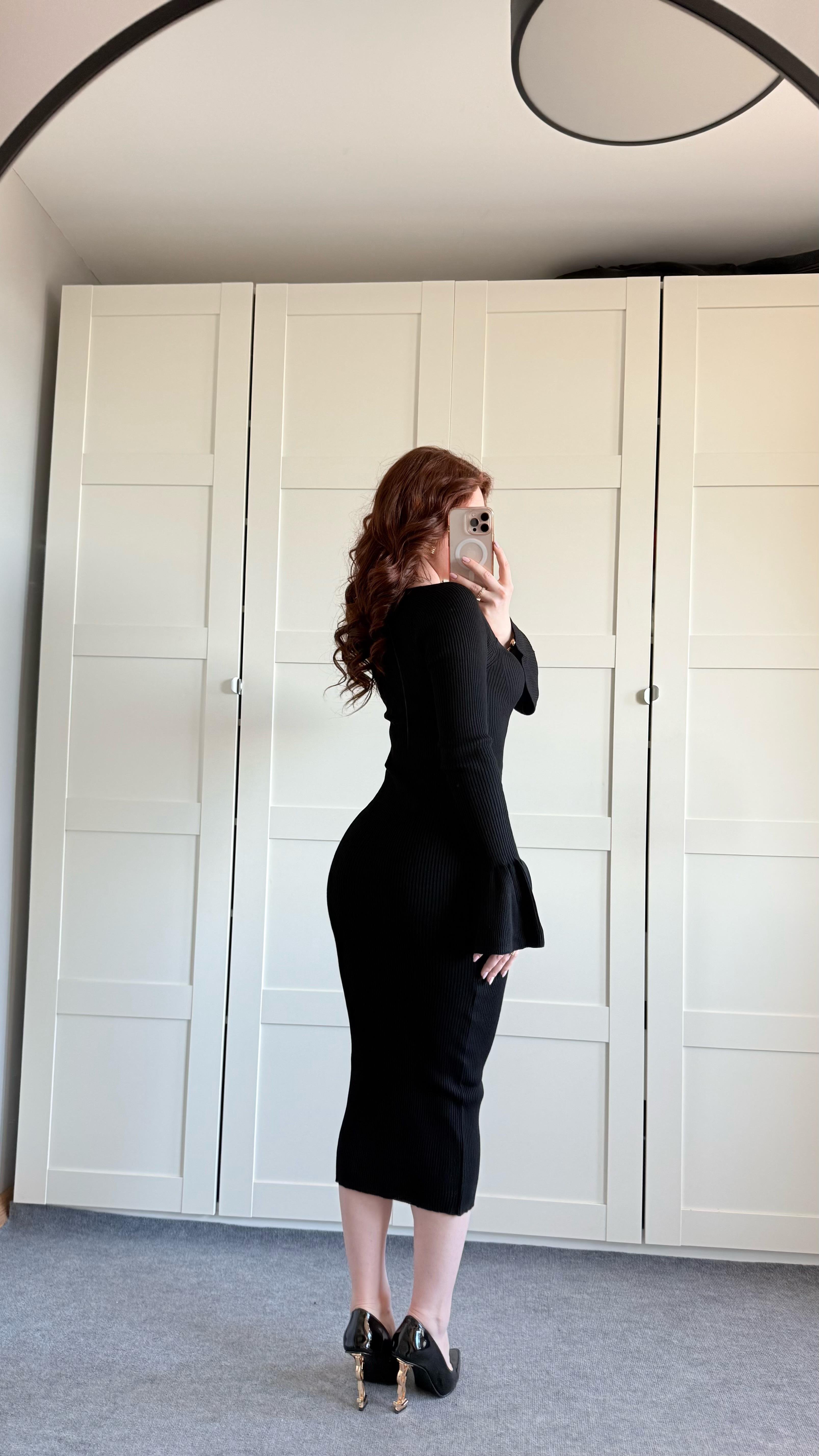 Kalp Yaka Gold Düğme Triko Midi Elbise Siyah