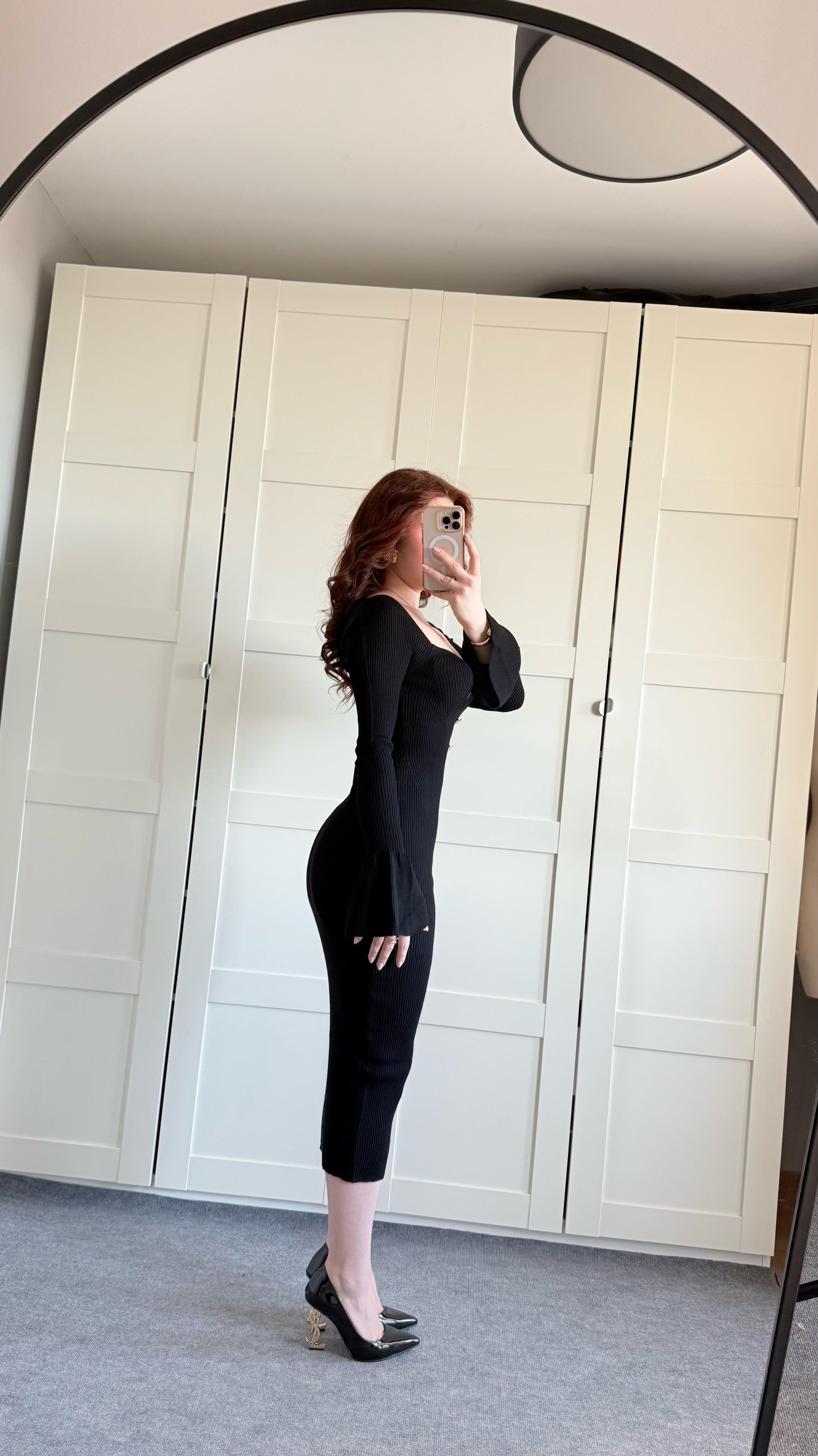 Kalp Yaka Gold Düğme Triko Midi Elbise Siyah