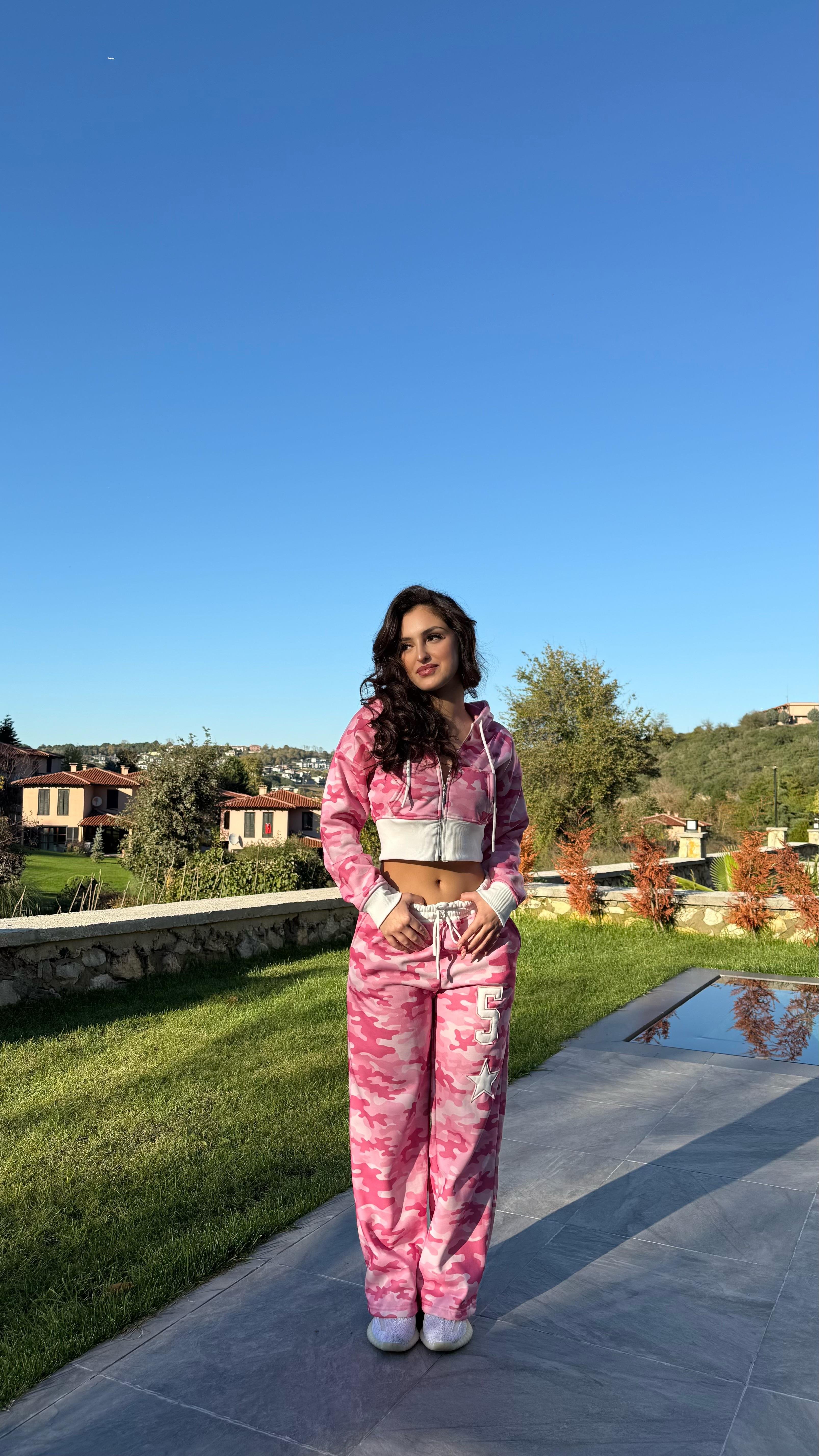 Kamuflaj Crop Takim Pembe