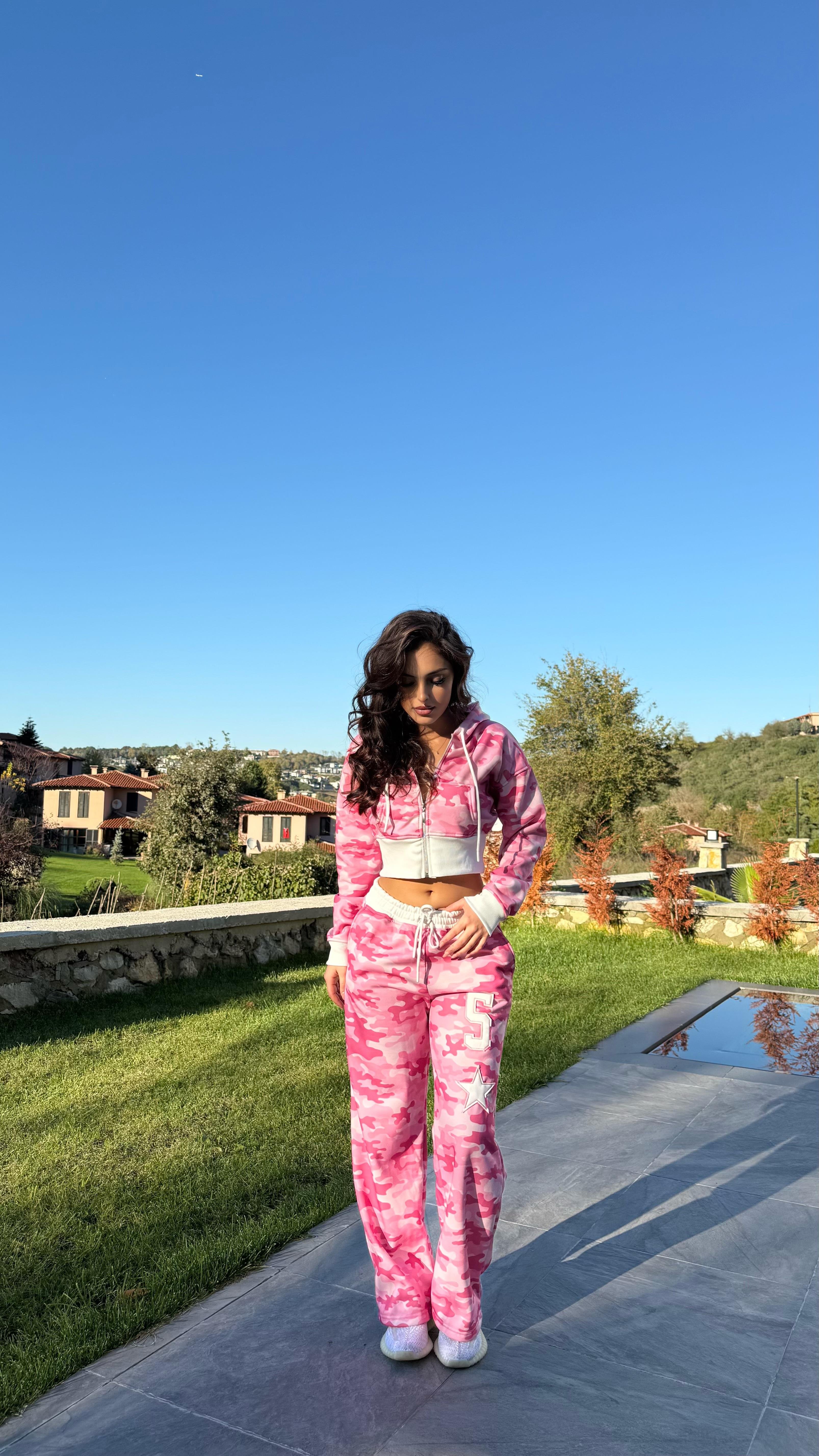 Kamuflaj Crop Takim Pembe