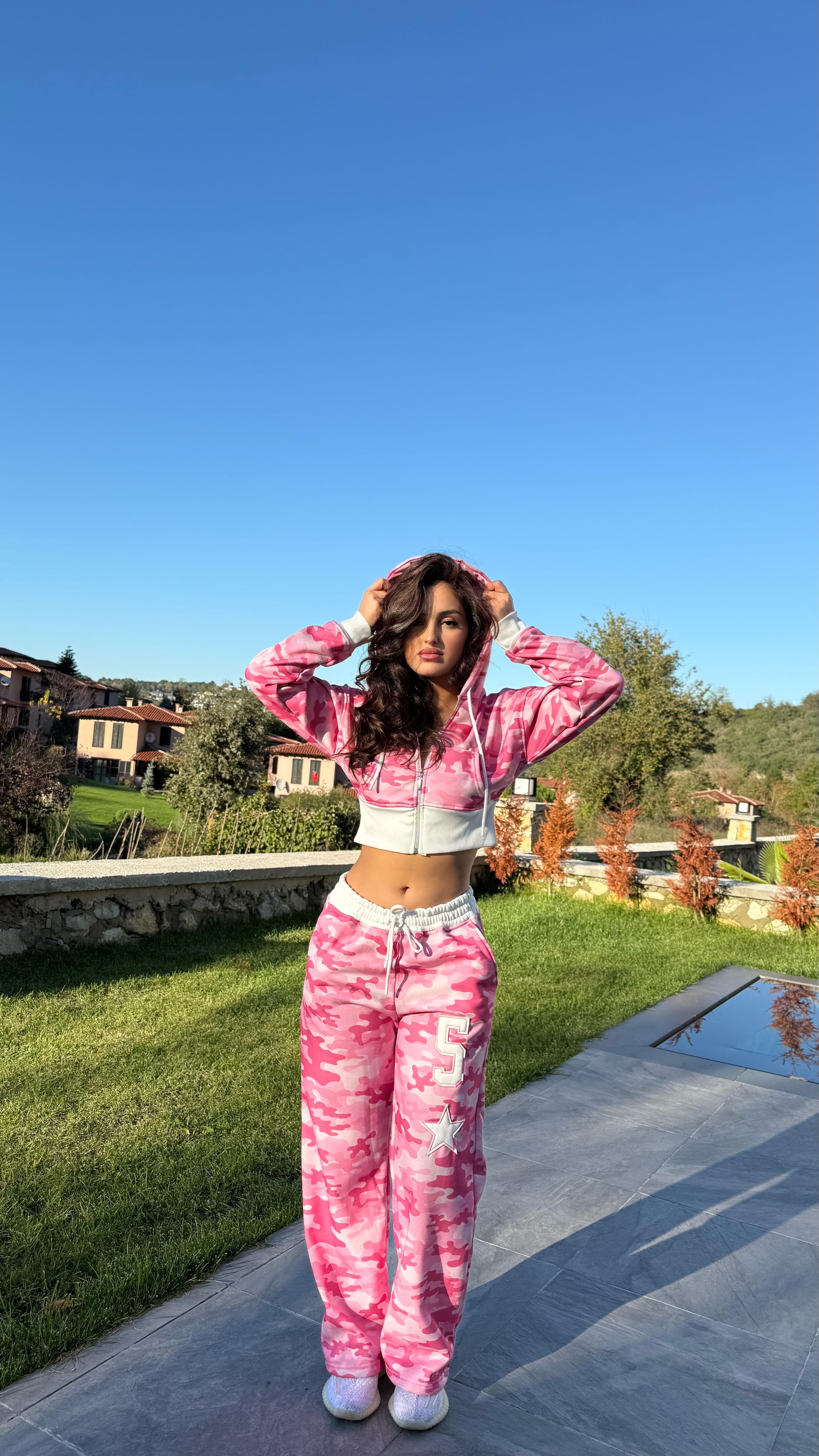 Kamuflaj Crop Takim Pembe