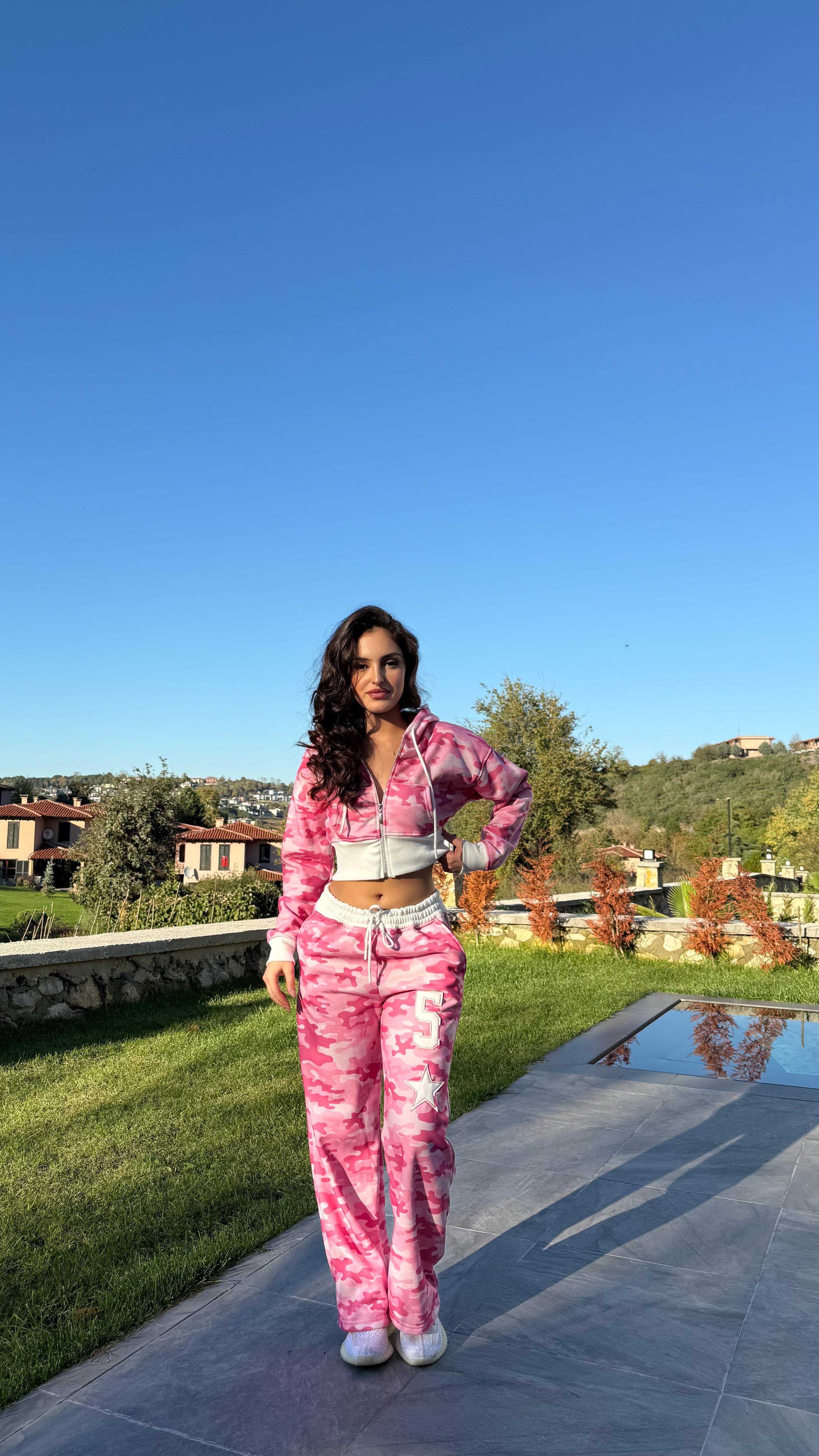 Kamuflaj Crop Takim Pembe