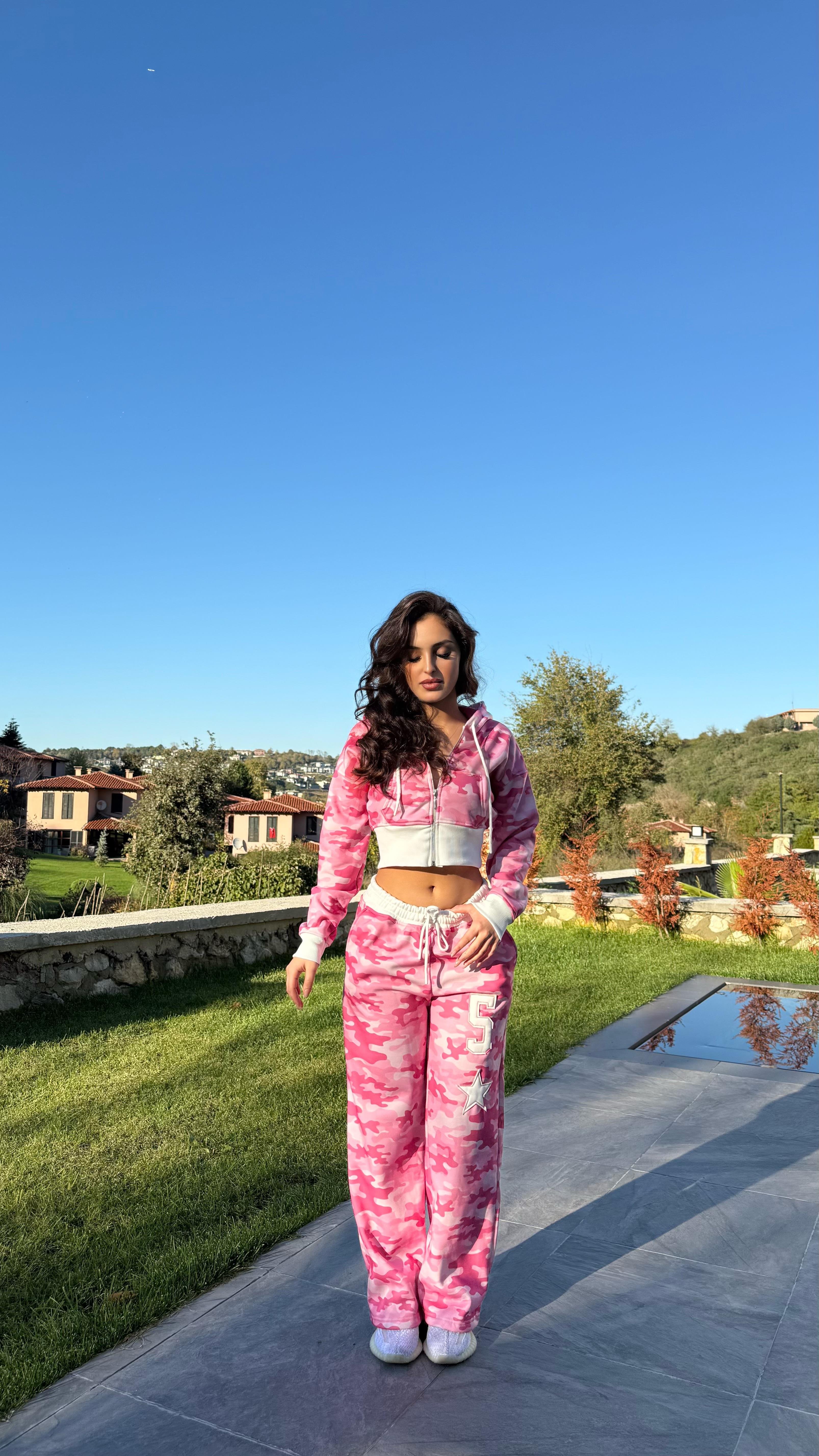 Kamuflaj Crop Takim Pembe