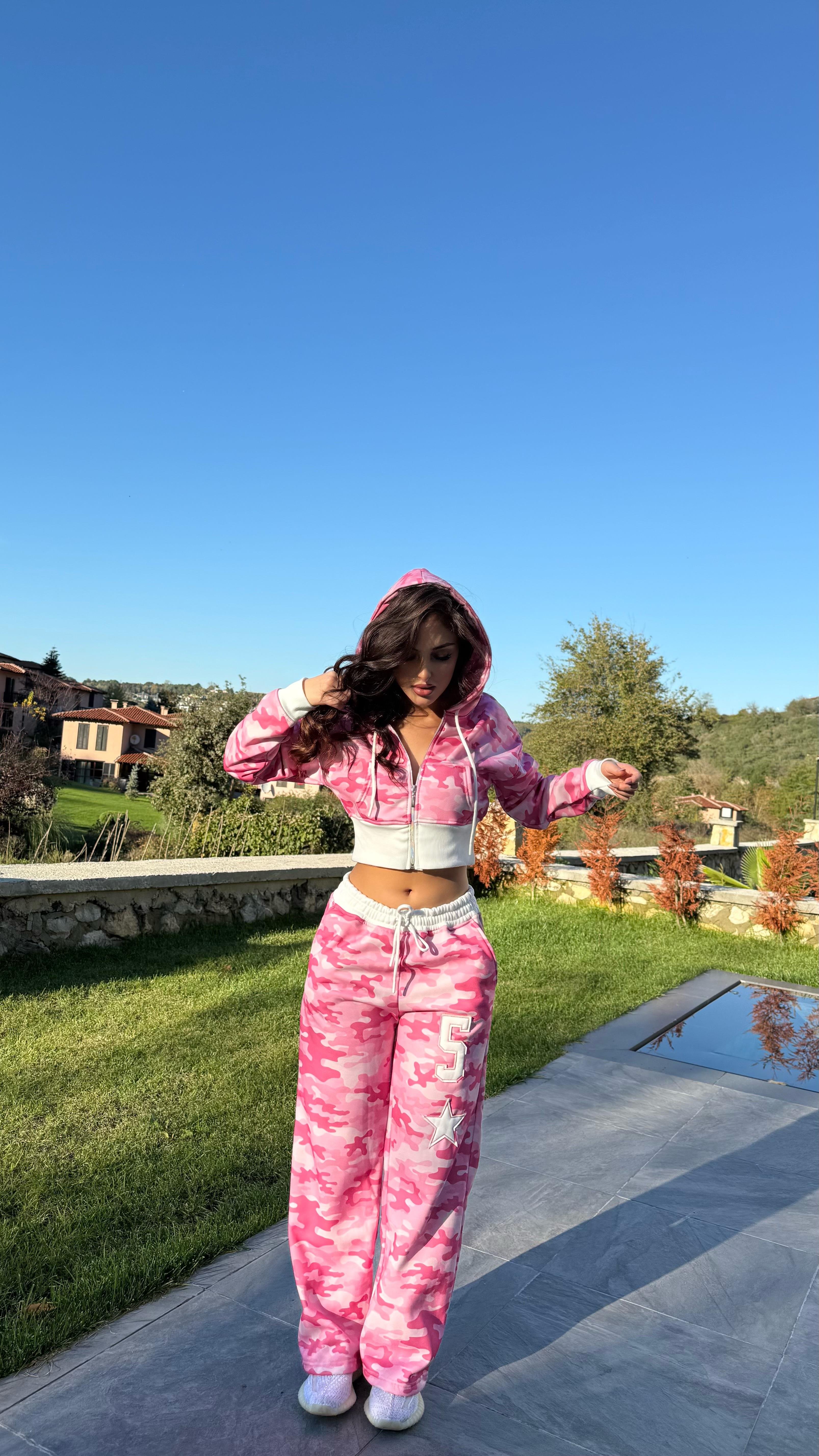 Kamuflaj Crop Takim Pembe