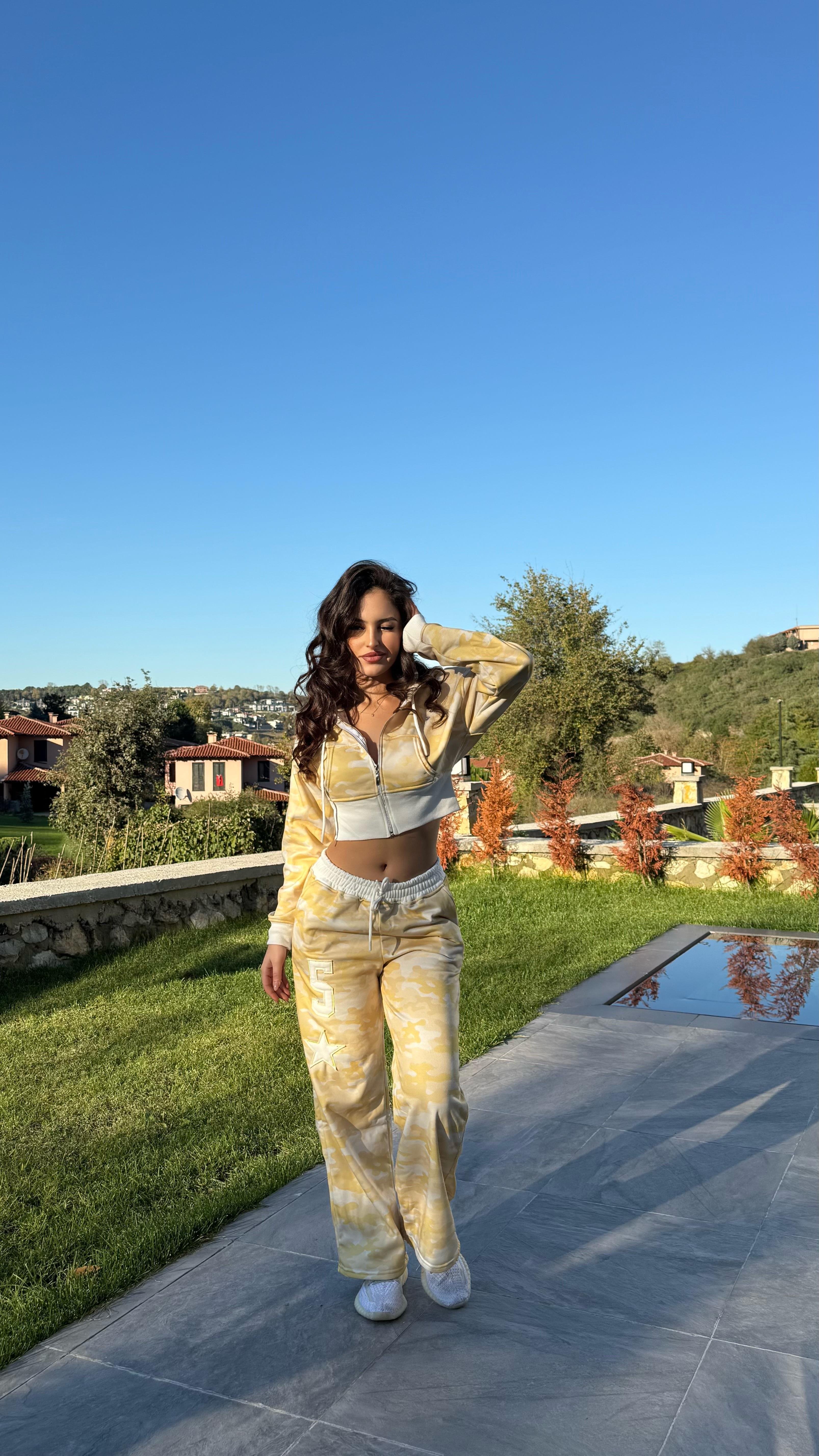 Kamuflaj Crop Takim Sarı 