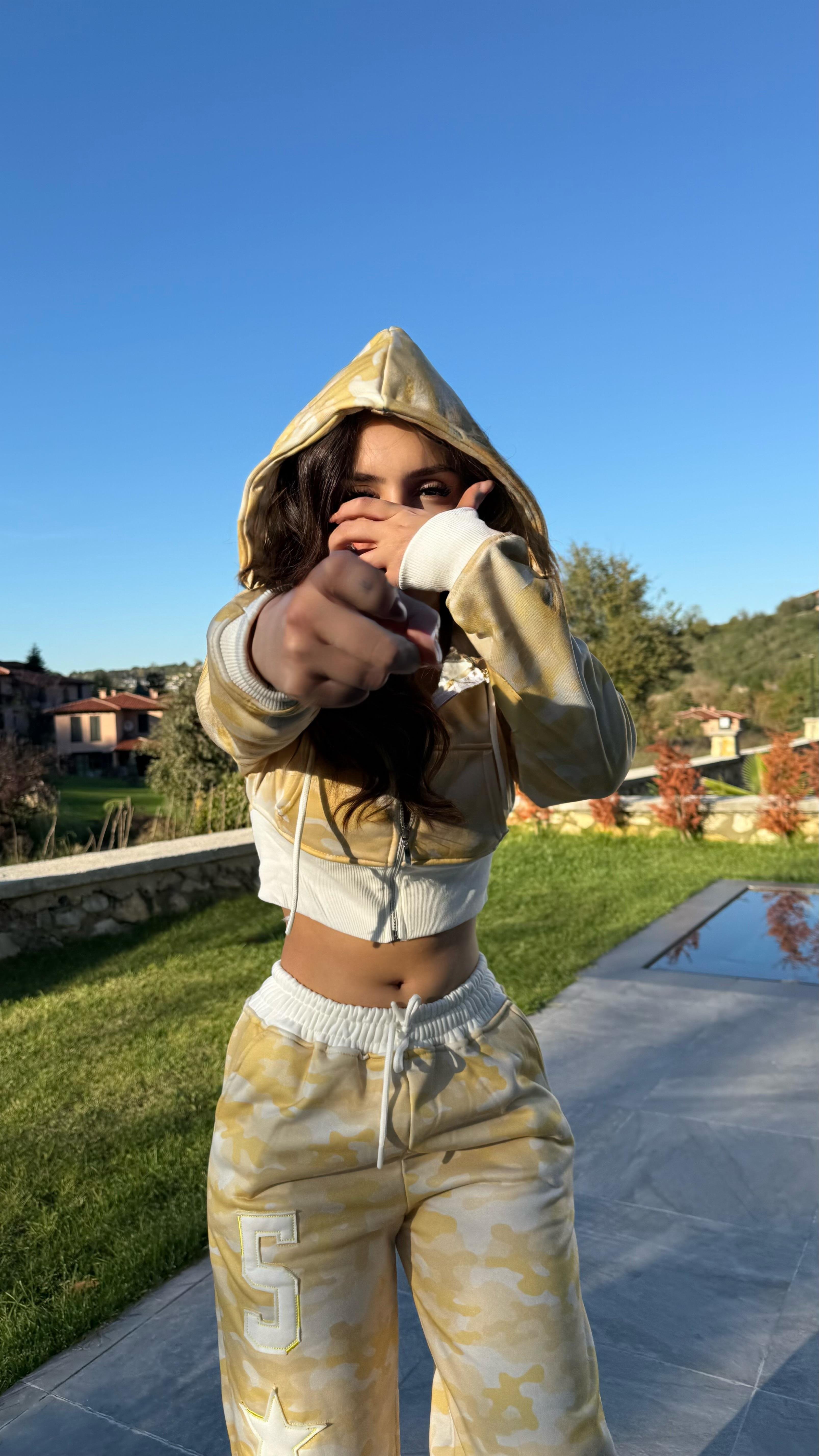 Kamuflaj Crop Takim Sarı 