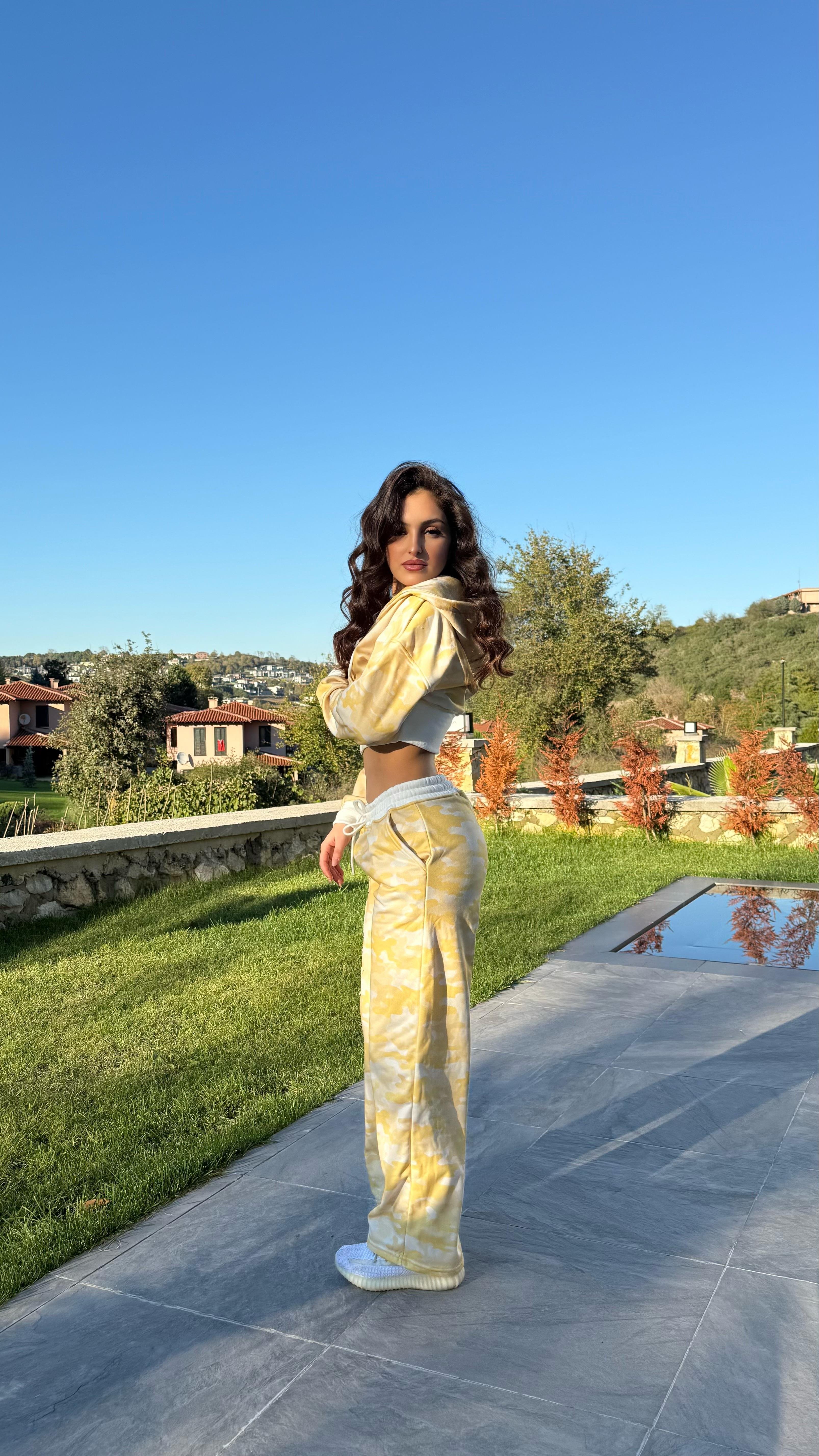 Kamuflaj Crop Takim Sarı 