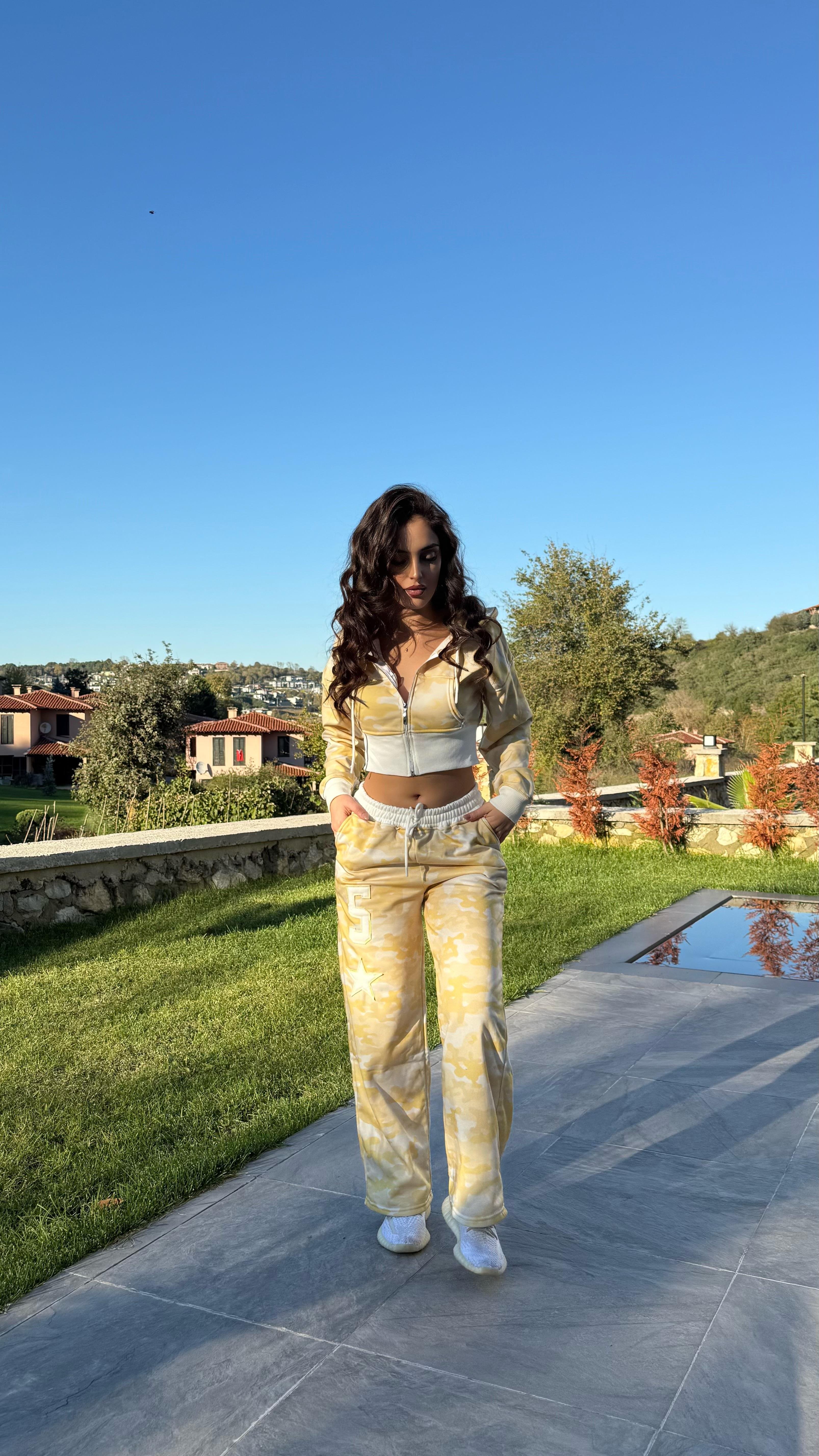 Kamuflaj Crop Takim Sarı 