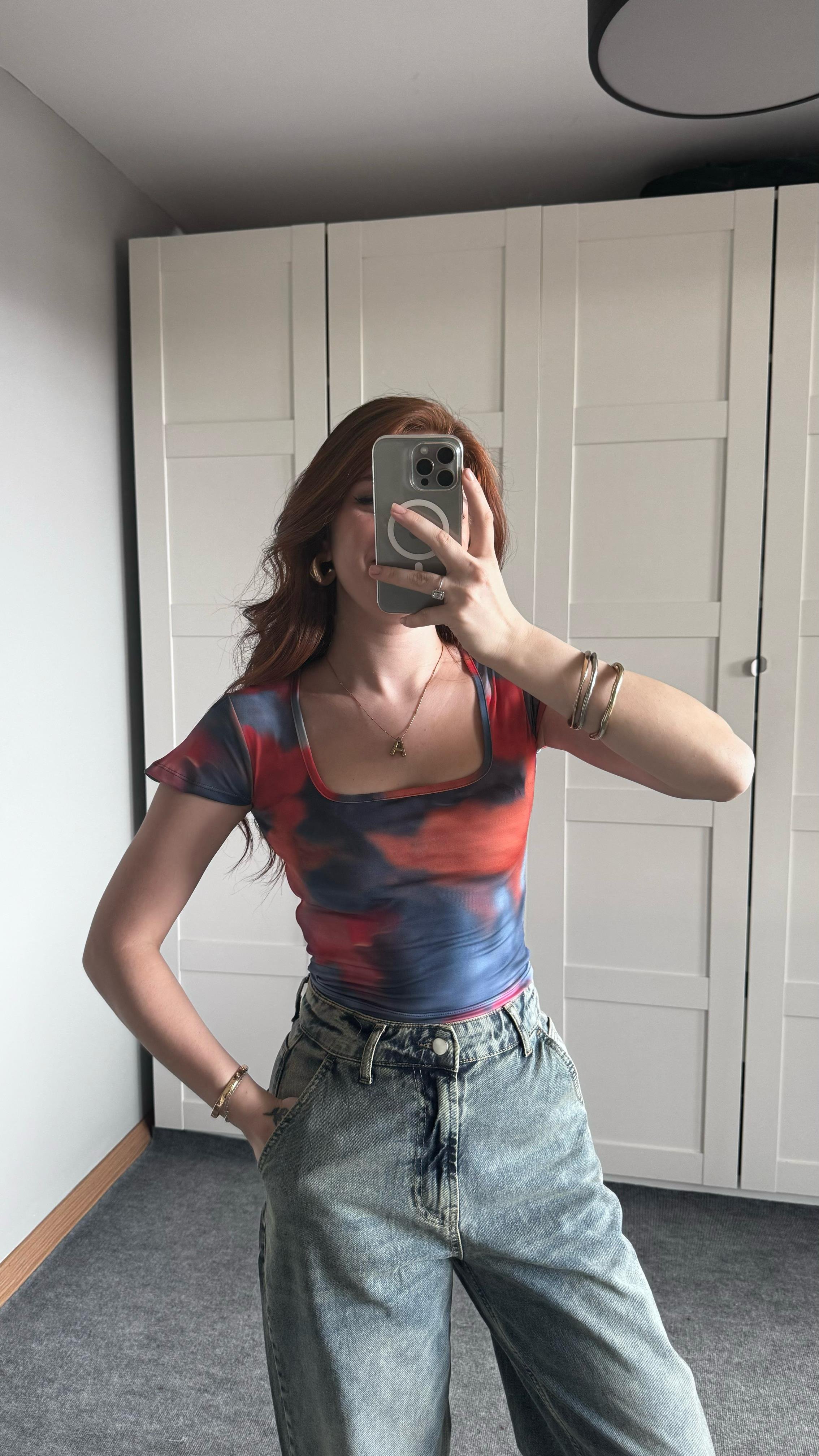 Kare Yaka Batik Turuncu Lacivert Crop