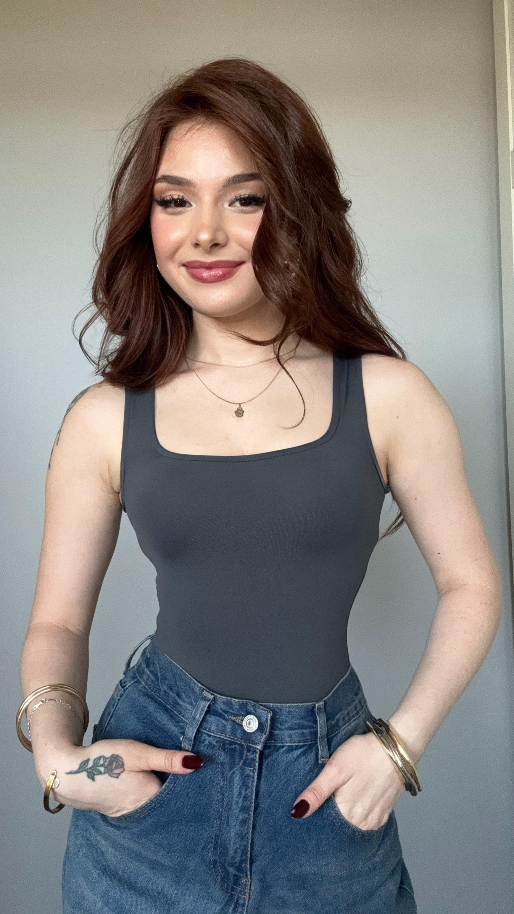 Kare Yaka Bodysuit Gri