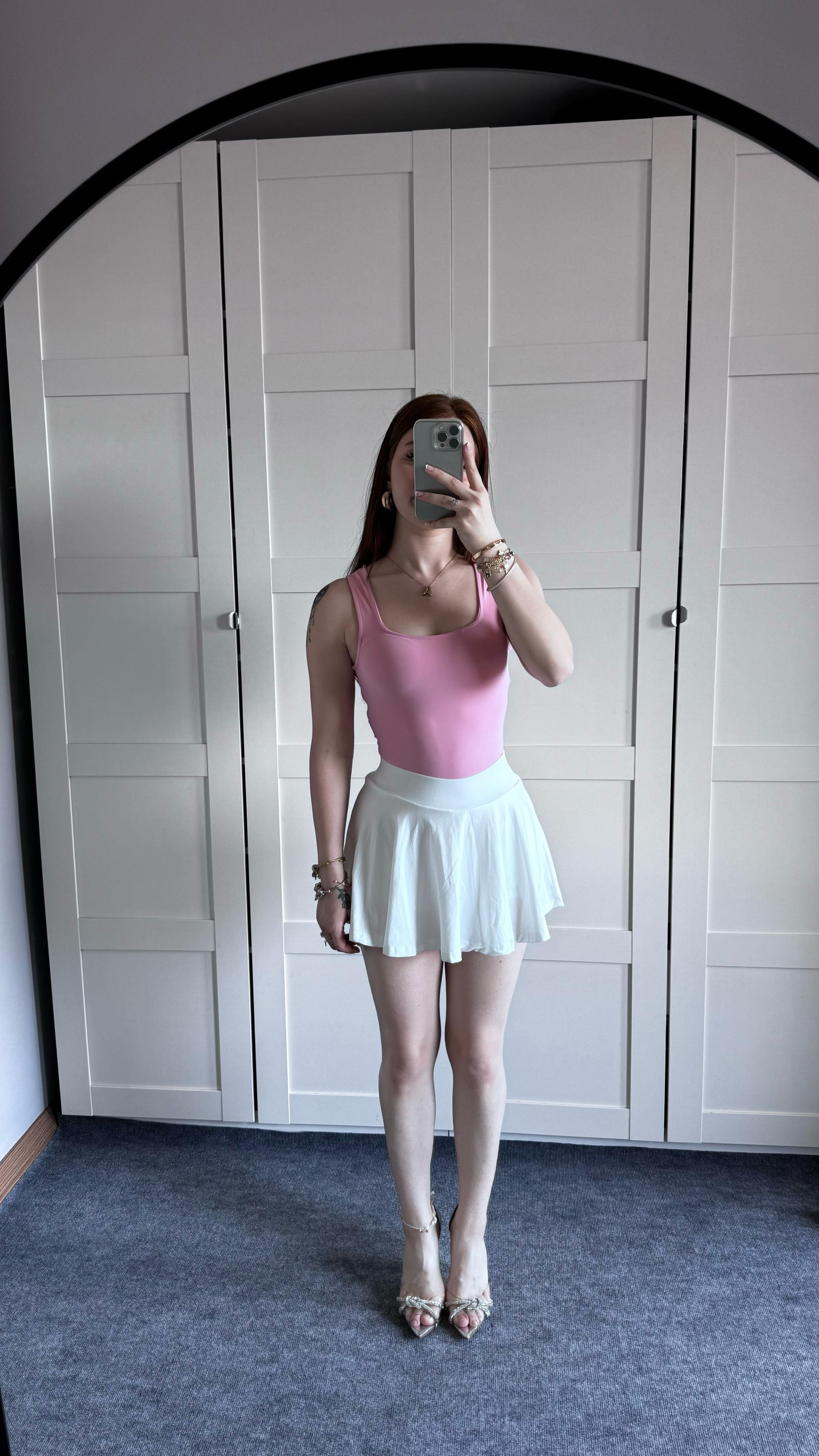 Kare Yaka Bodysuit Toz Pembe