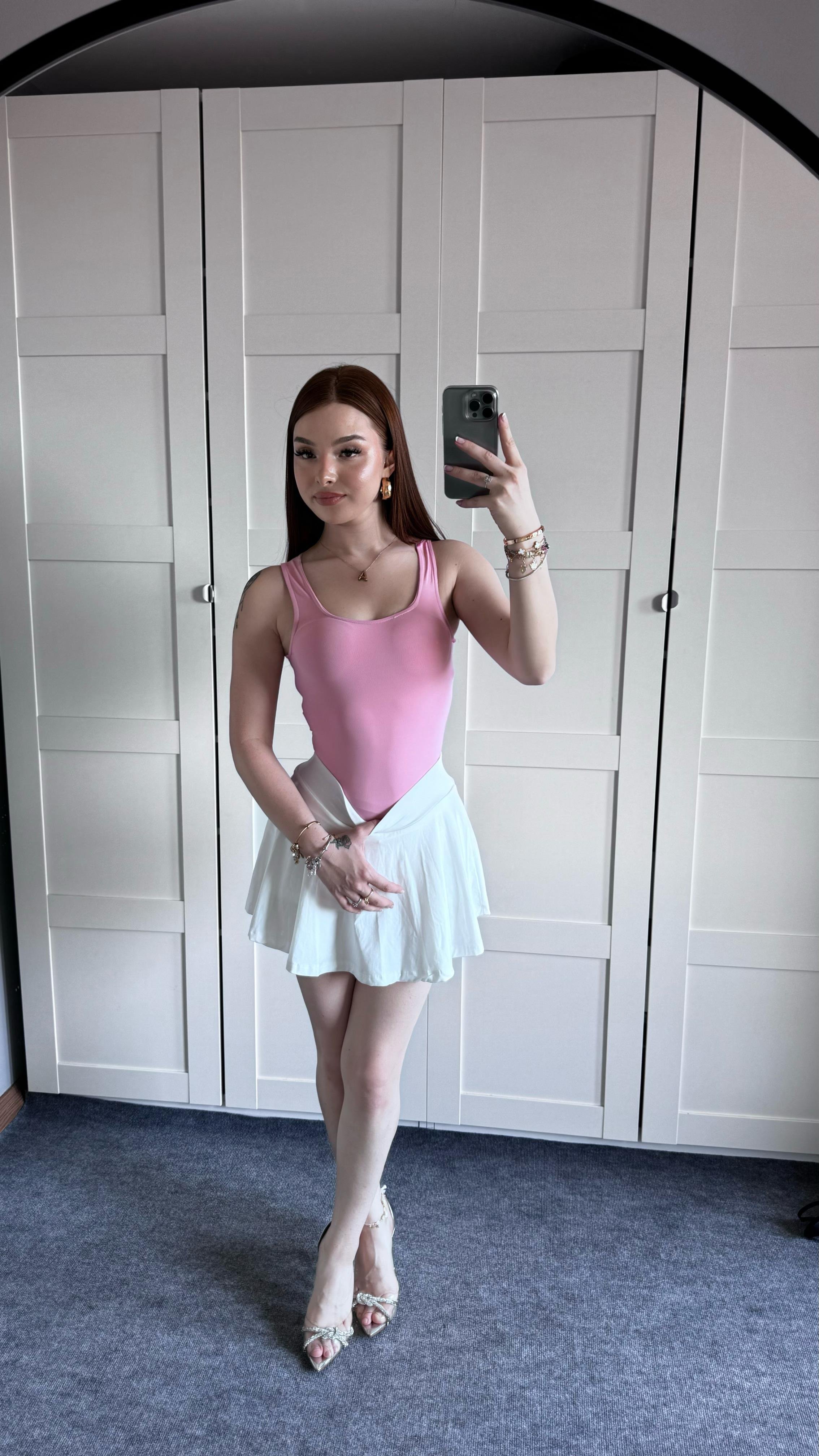 Kare Yaka Bodysuit Toz Pembe