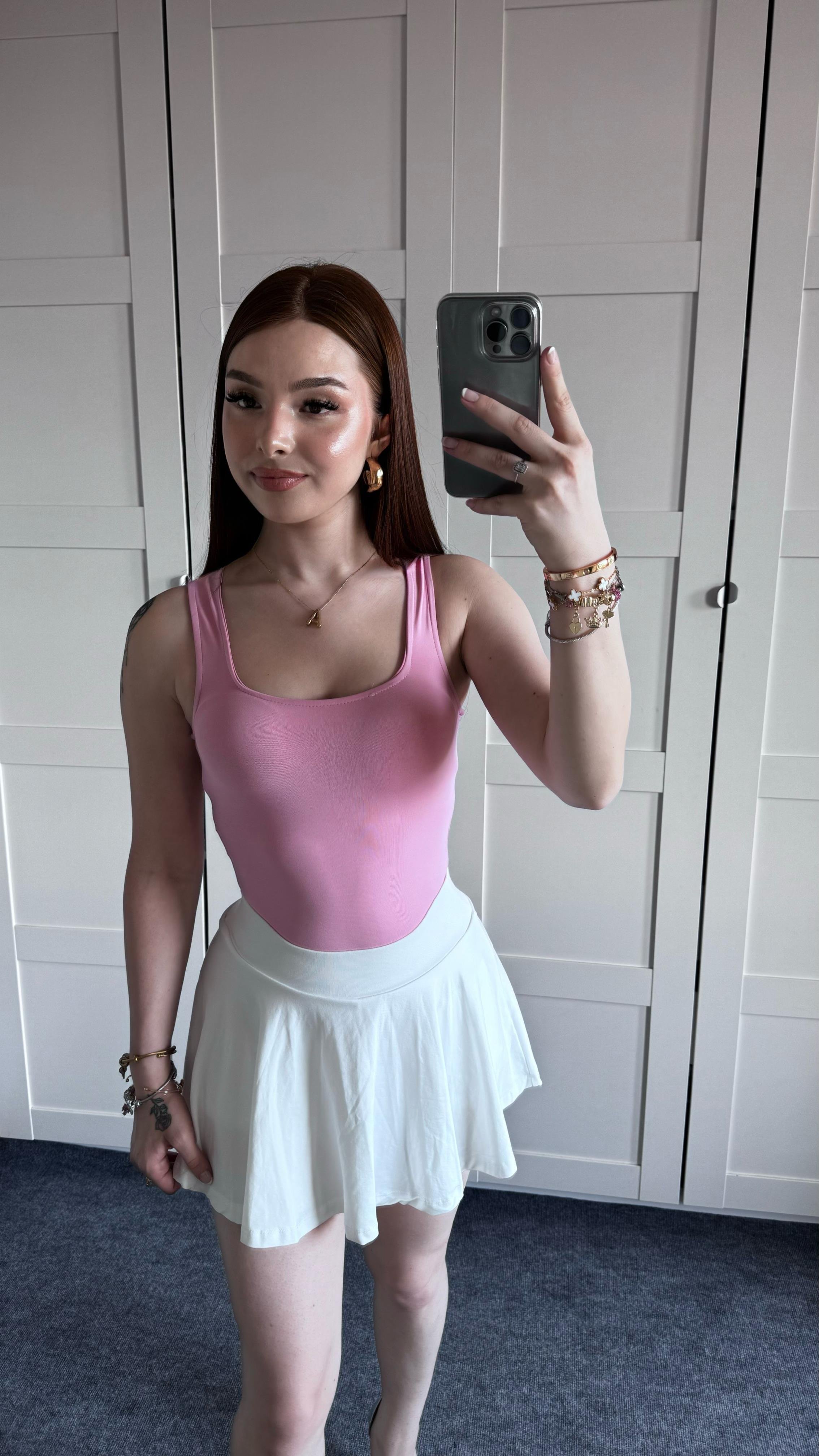 Kare Yaka Bodysuit Toz Pembe