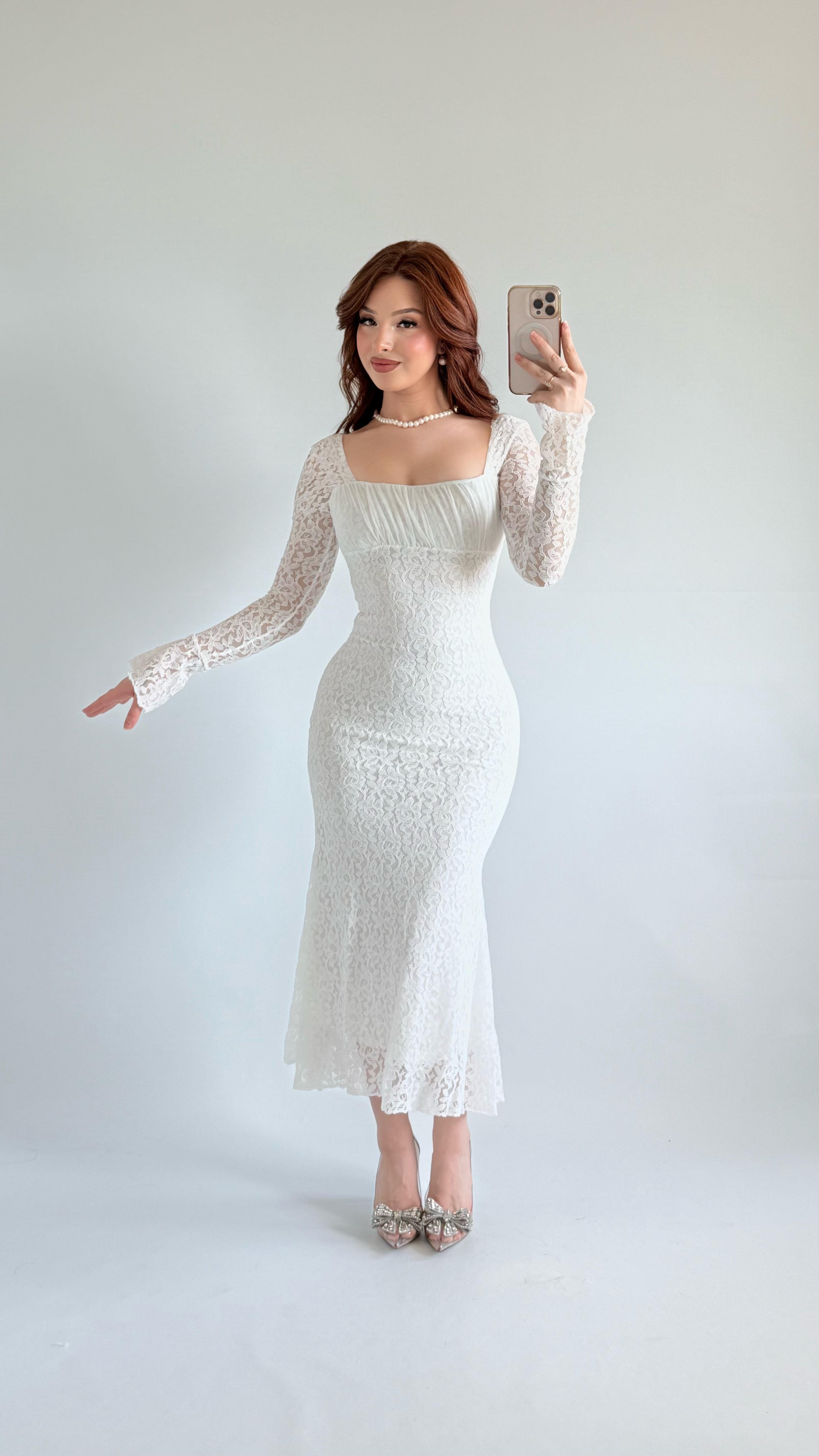 Kare Yaka Dantel Midi Elbise Beyaz