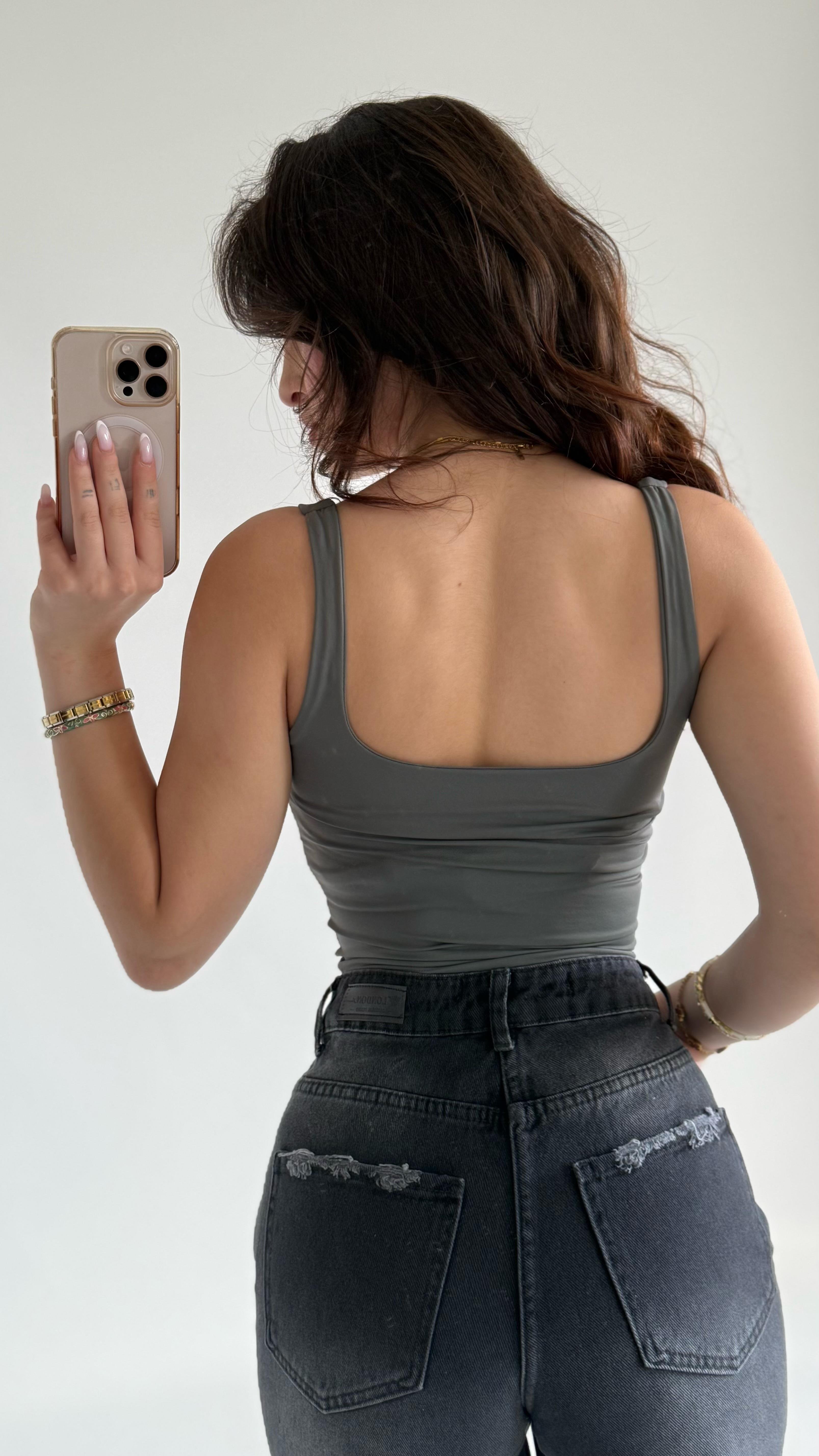 Kare Yaka Kalın Askı Crop Atlet Haki Yeşil