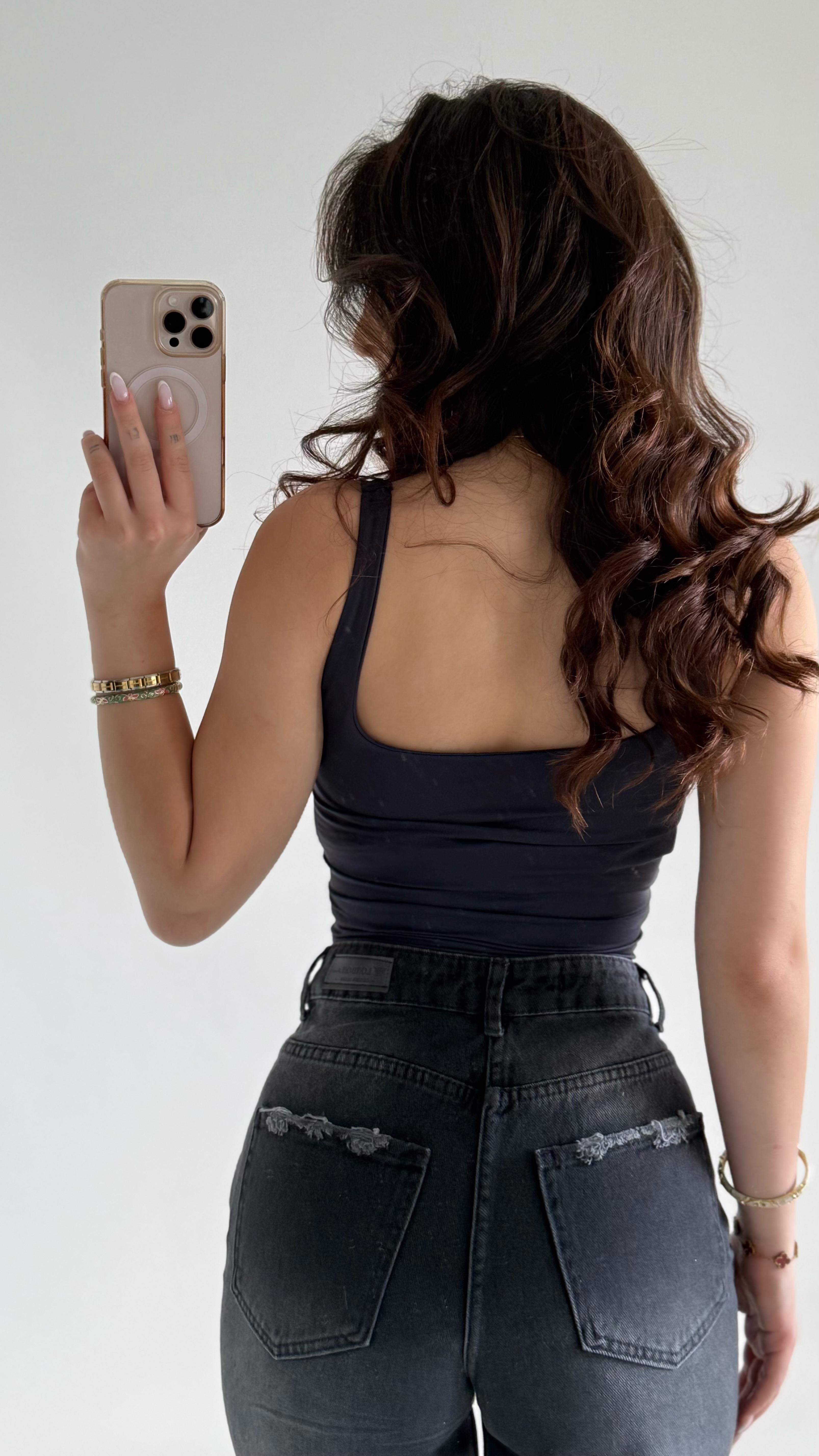 Kare Yaka Kalın Askı Crop Atlet Lacivert