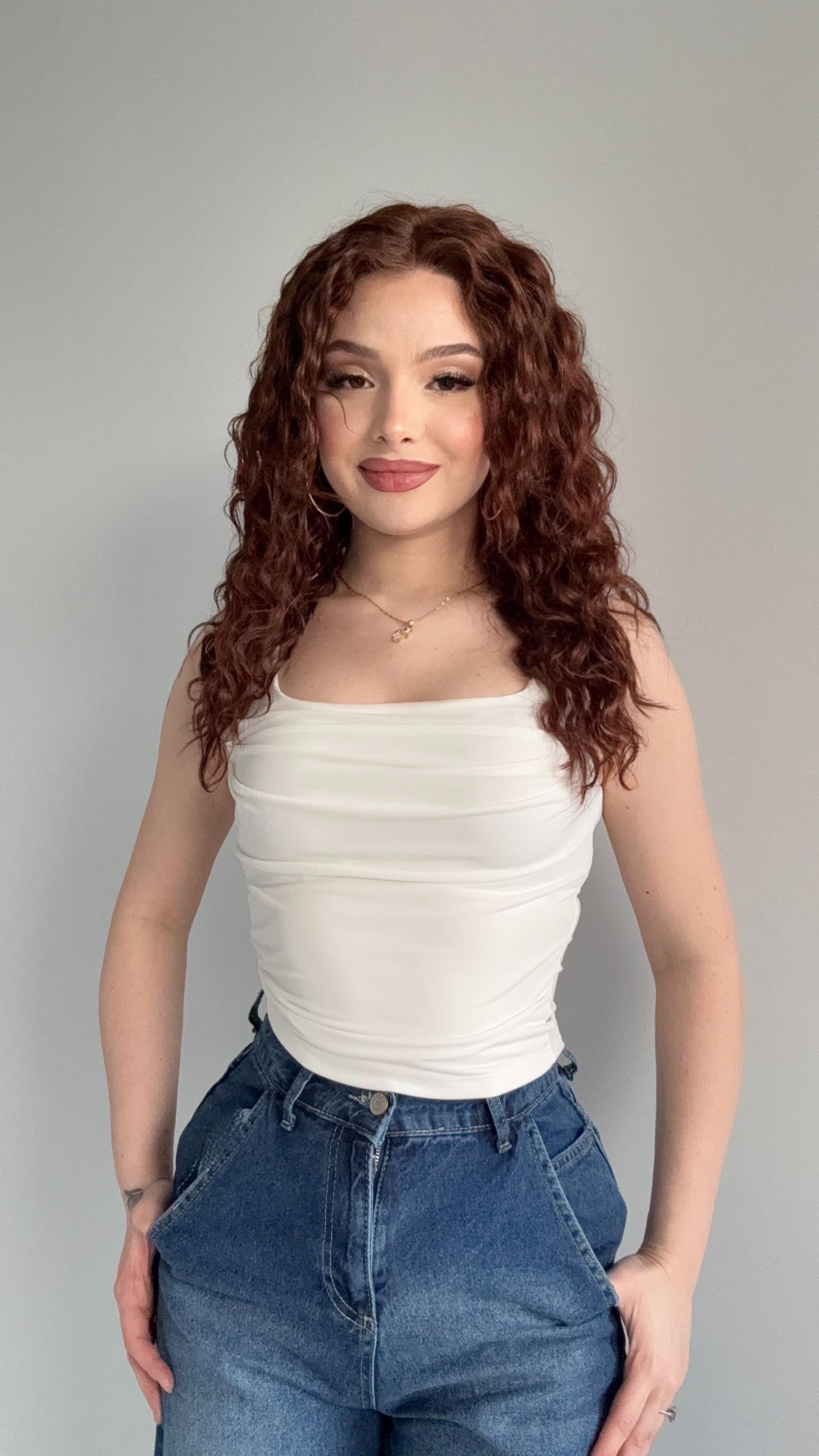 Kare Yaka Önü Dökümlü Crop Beyaz