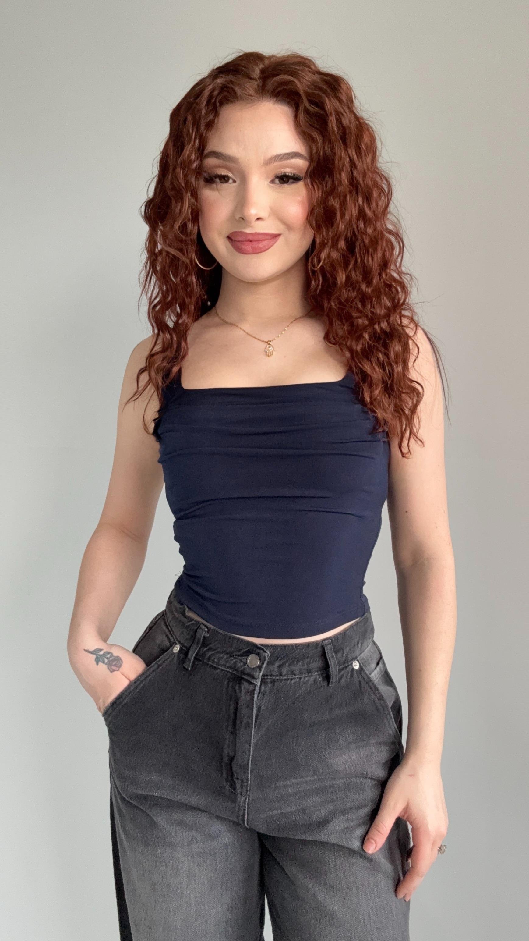 Kare Yaka Önü Dökümlü Crop Lacivert