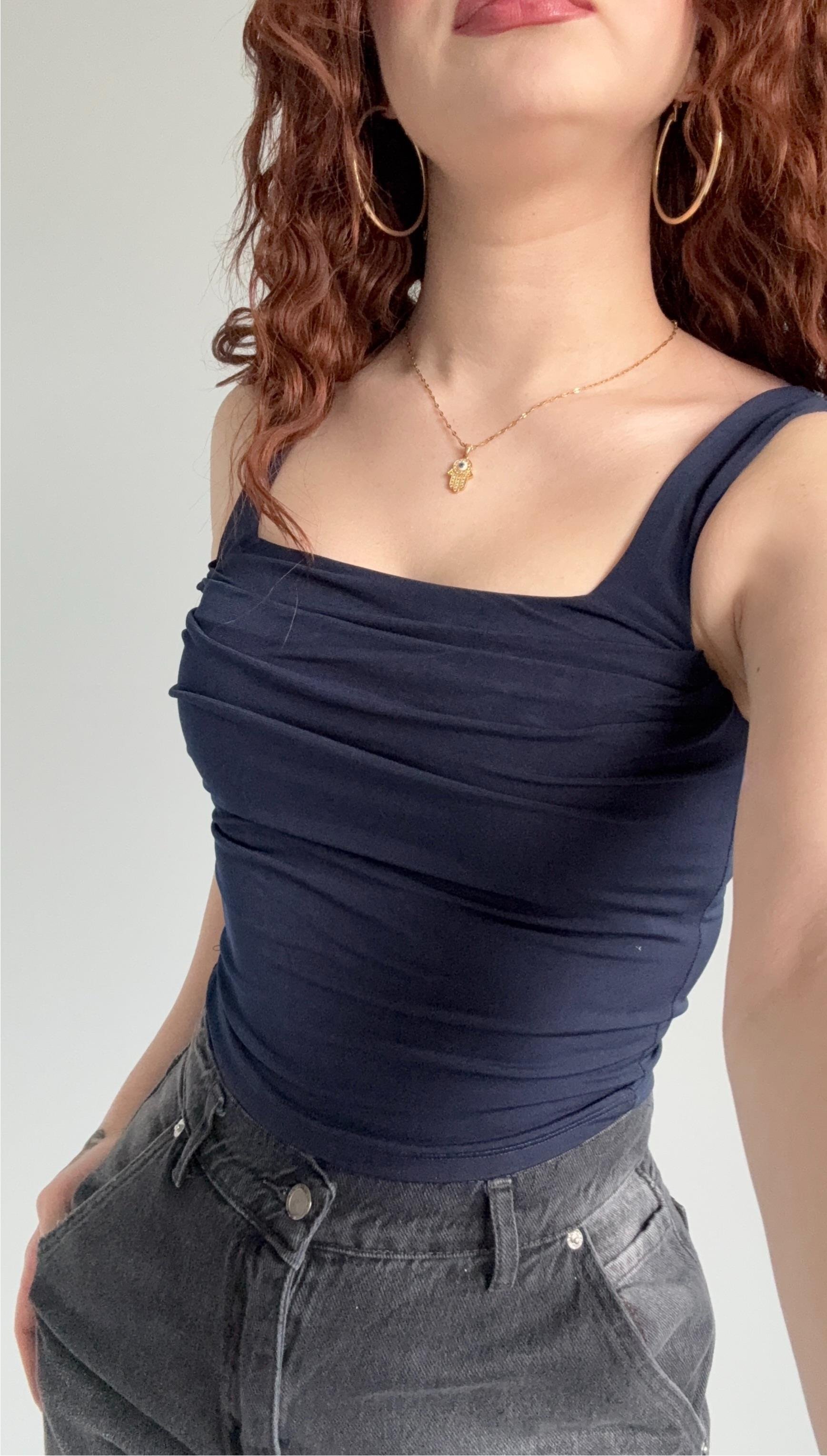 Kare Yaka Önü Dökümlü Crop Lacivert