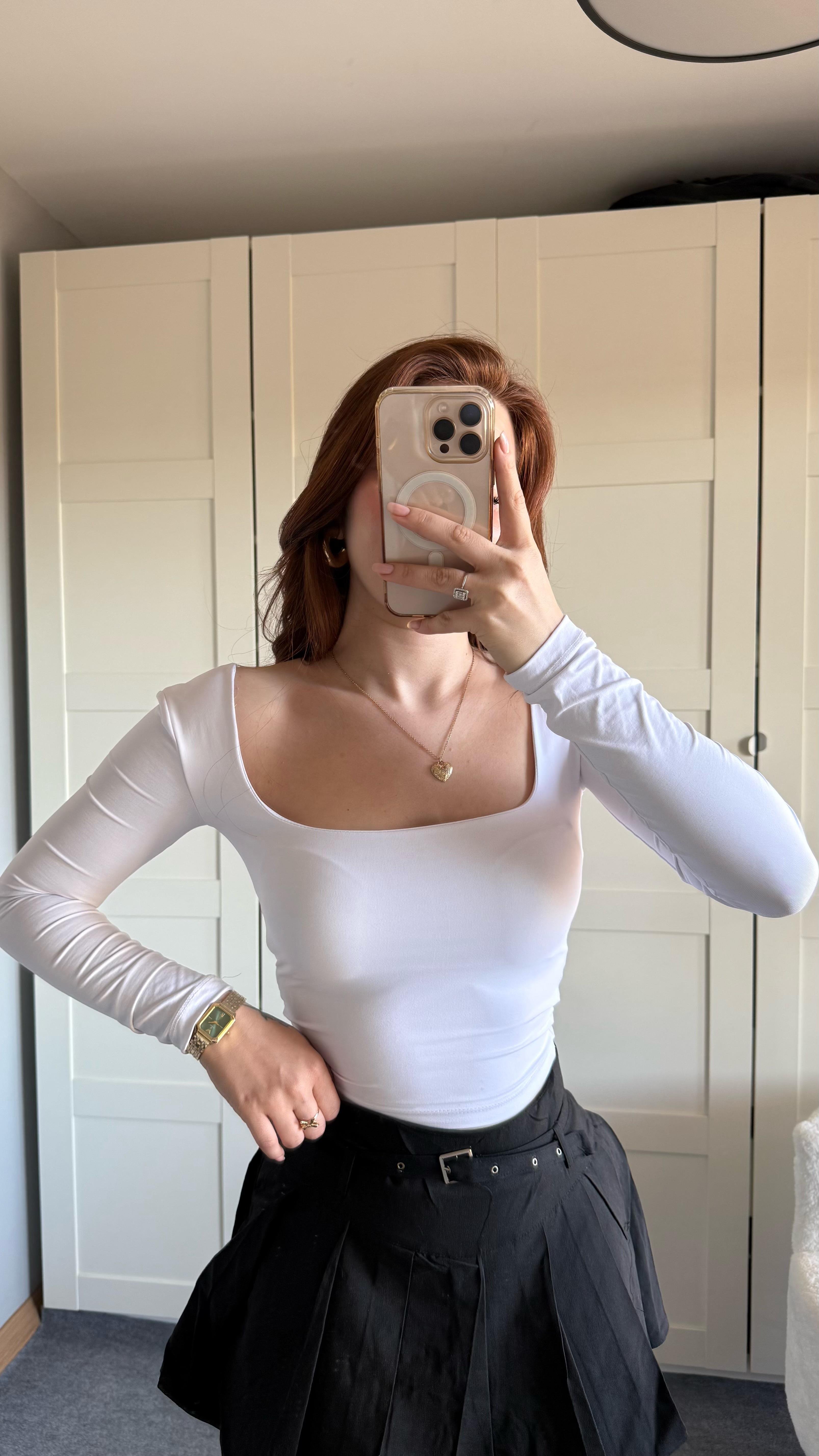 Kare Yaka Polyamid Crop Beyaz