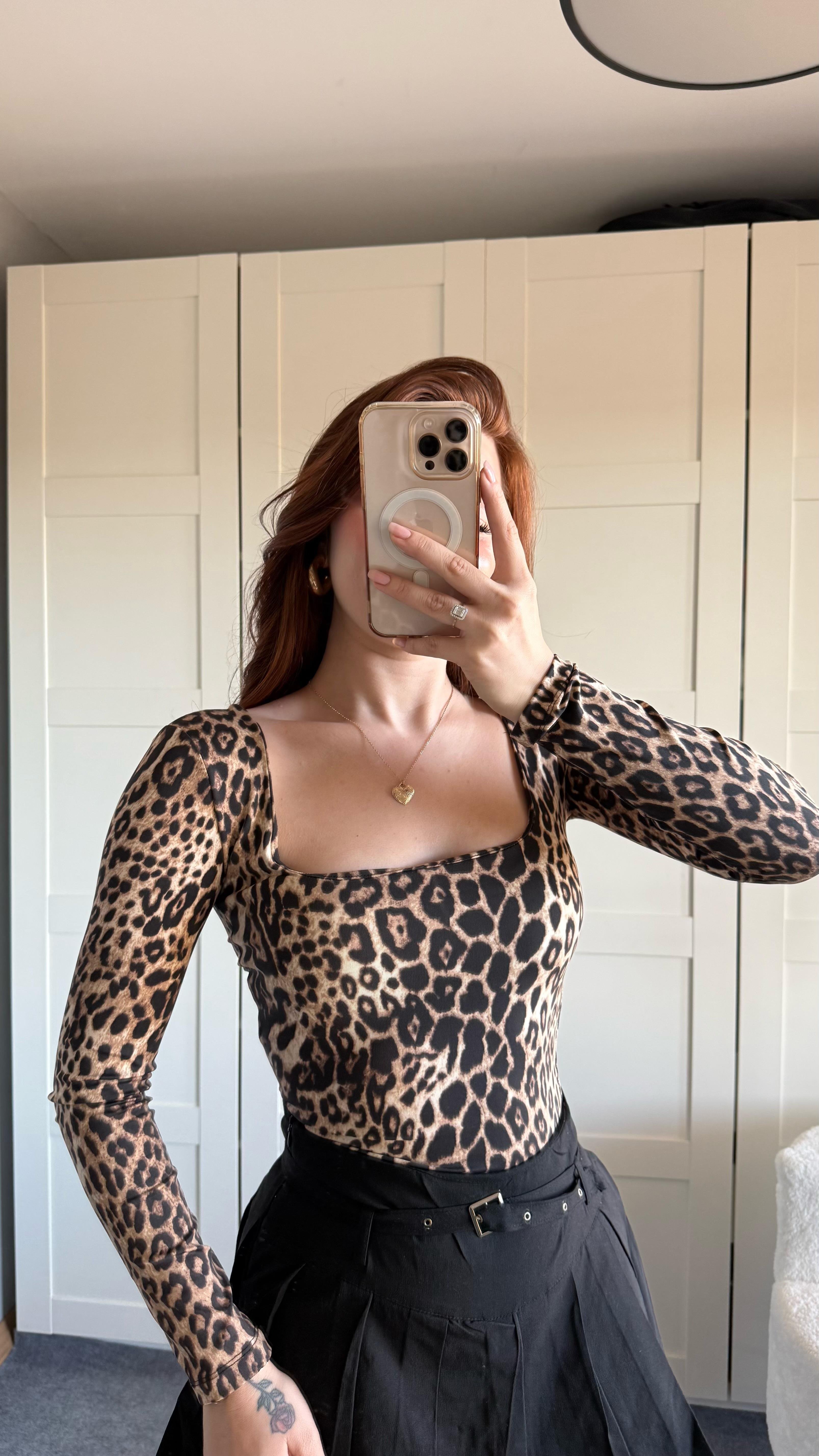 Kare Yaka Polyamid Crop Leopar
