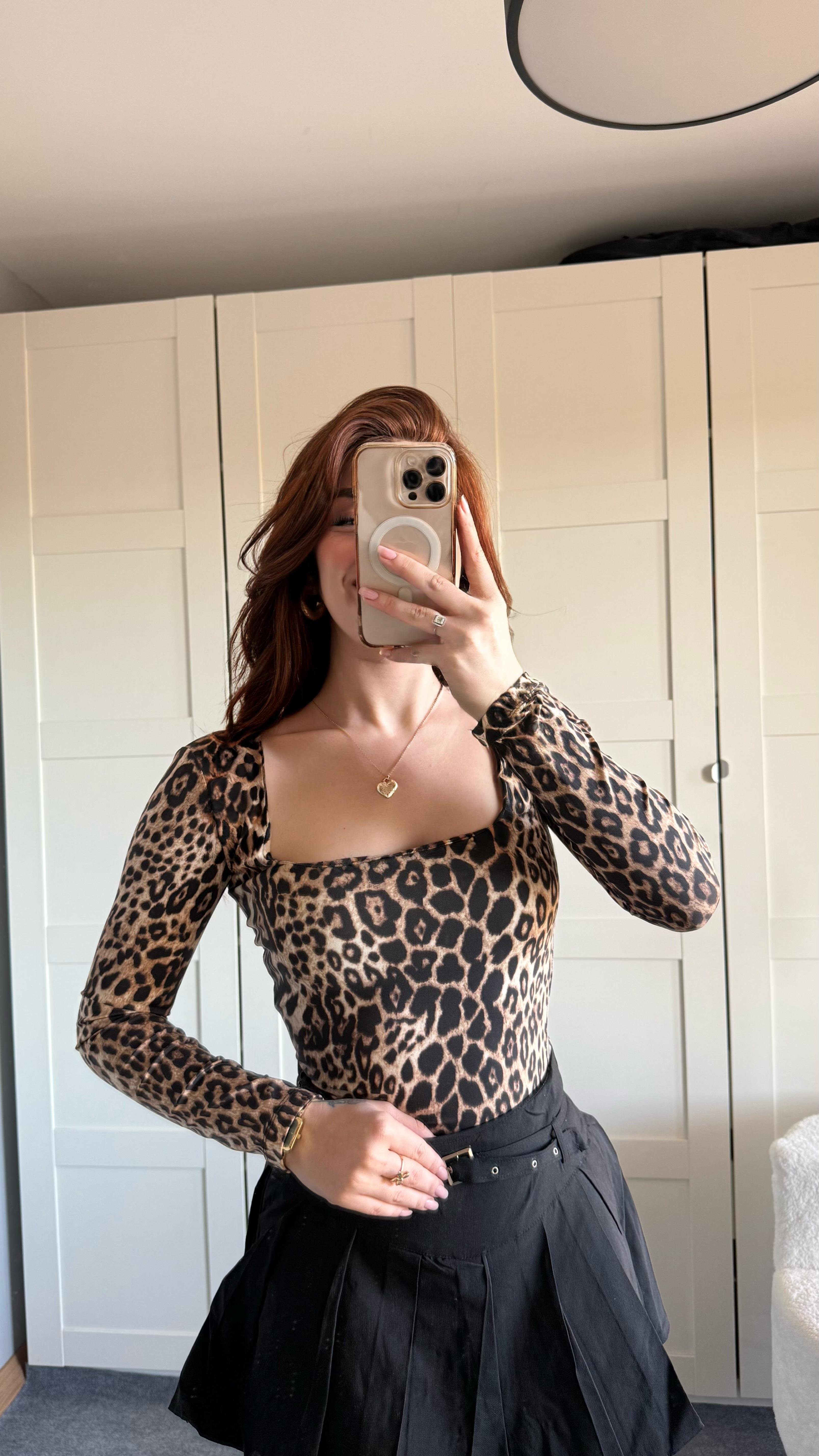 Kare Yaka Polyamid Crop Leopar