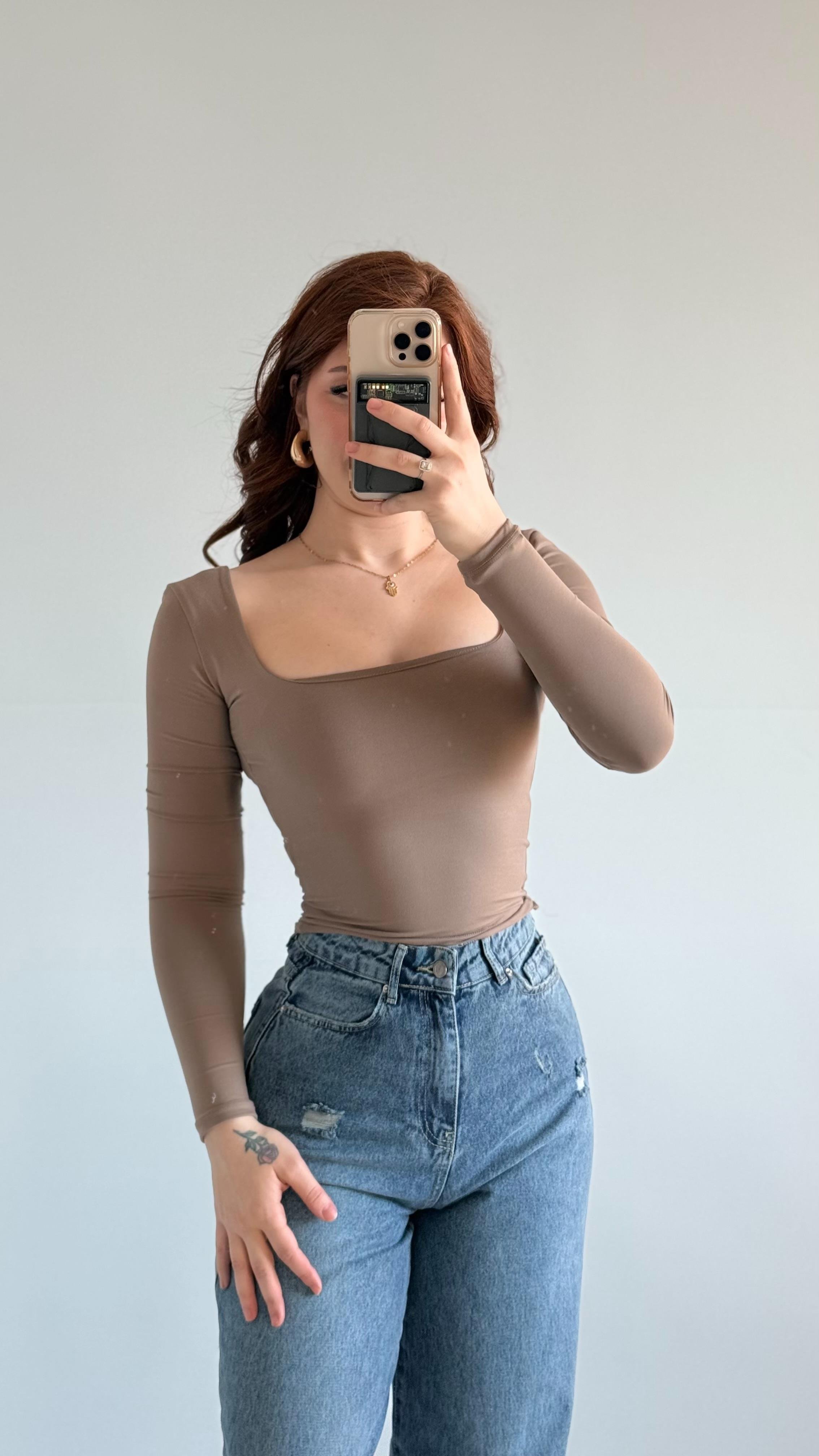 Kare Yaka Polyamid Crop Sütlü Kahverengi 