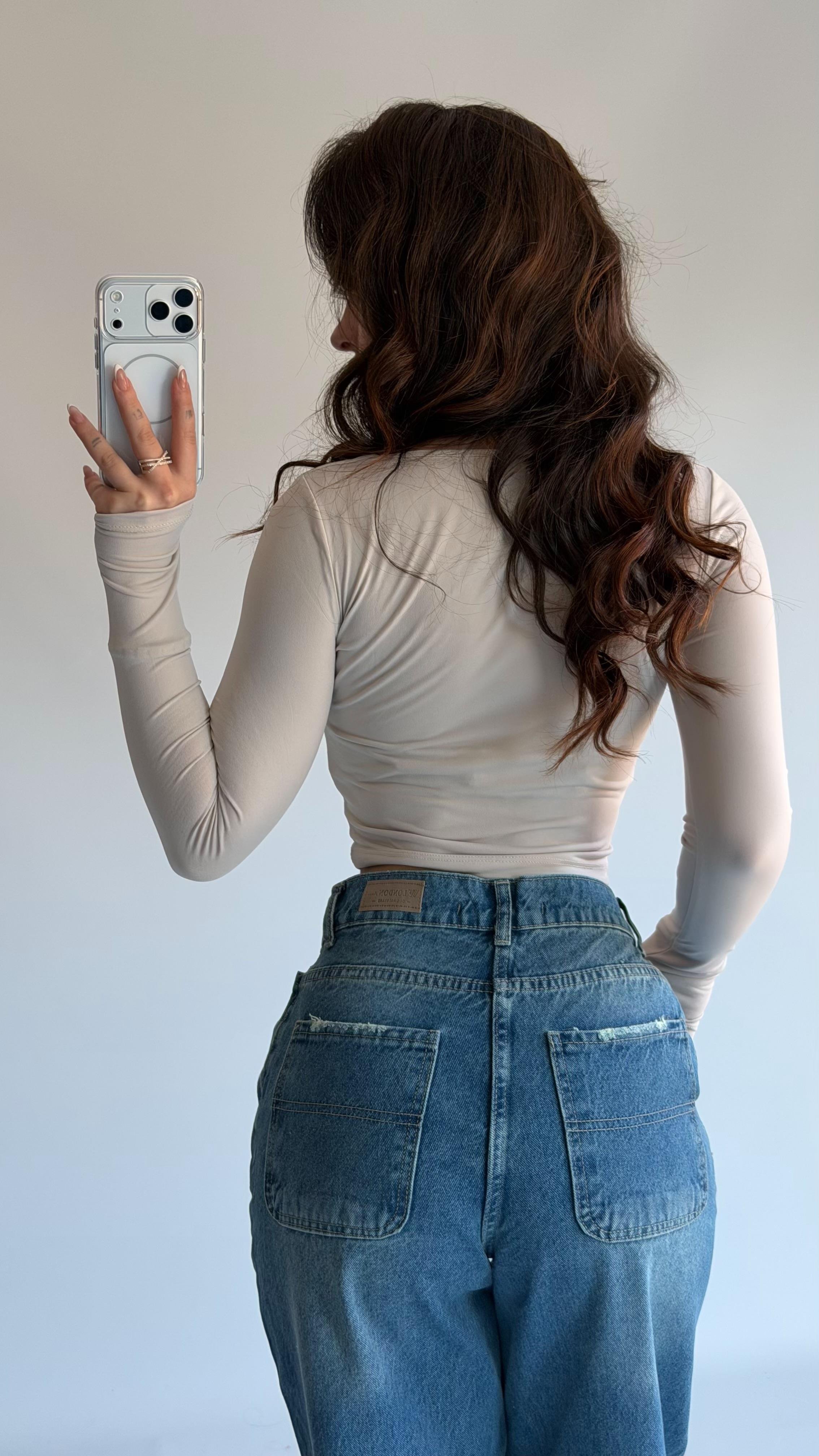 Kare Yaka Sandy Uzun Kollu Crop Krem