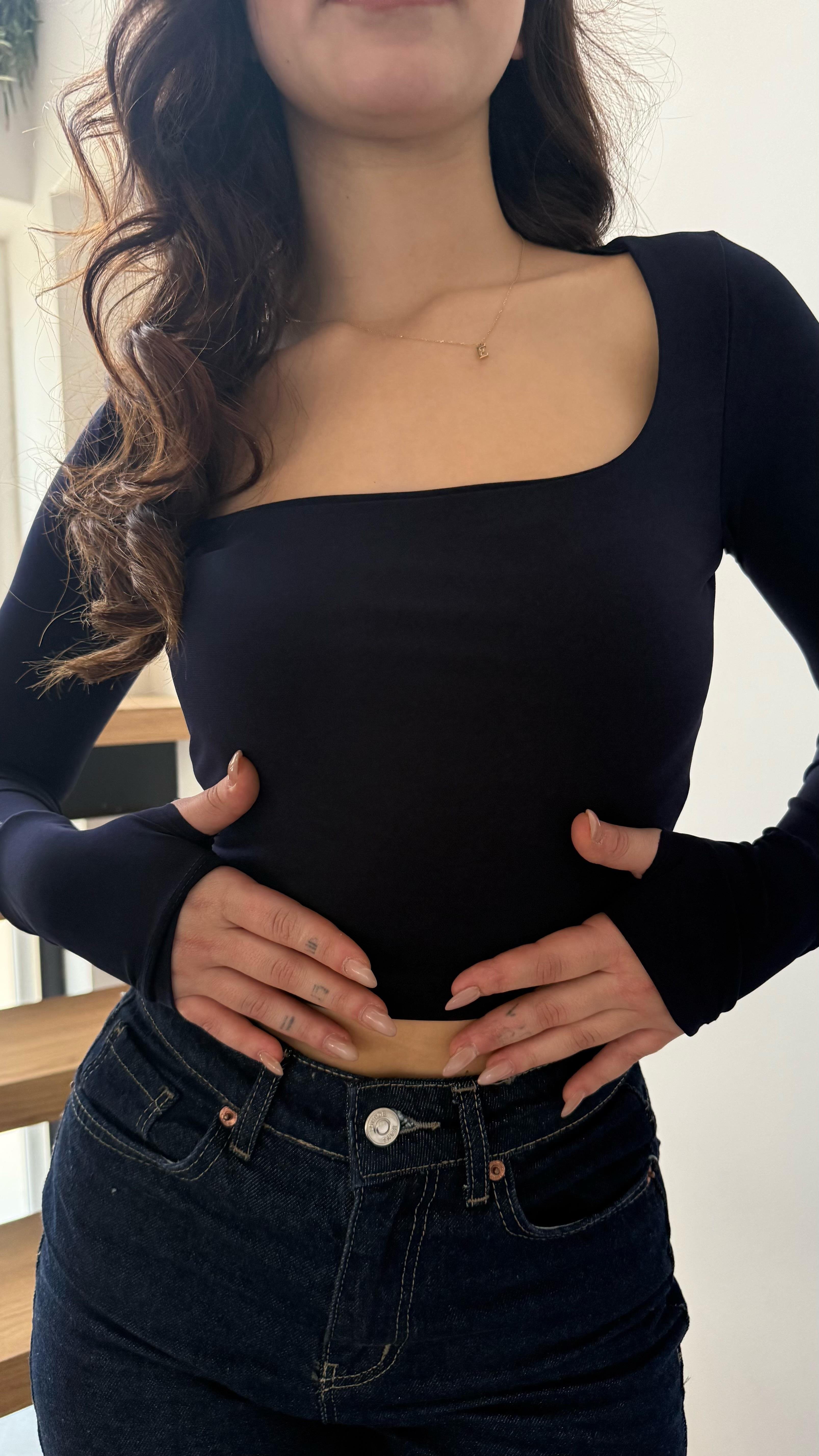 Kare Yaka Sandy Uzun Kollu Crop Lacivert