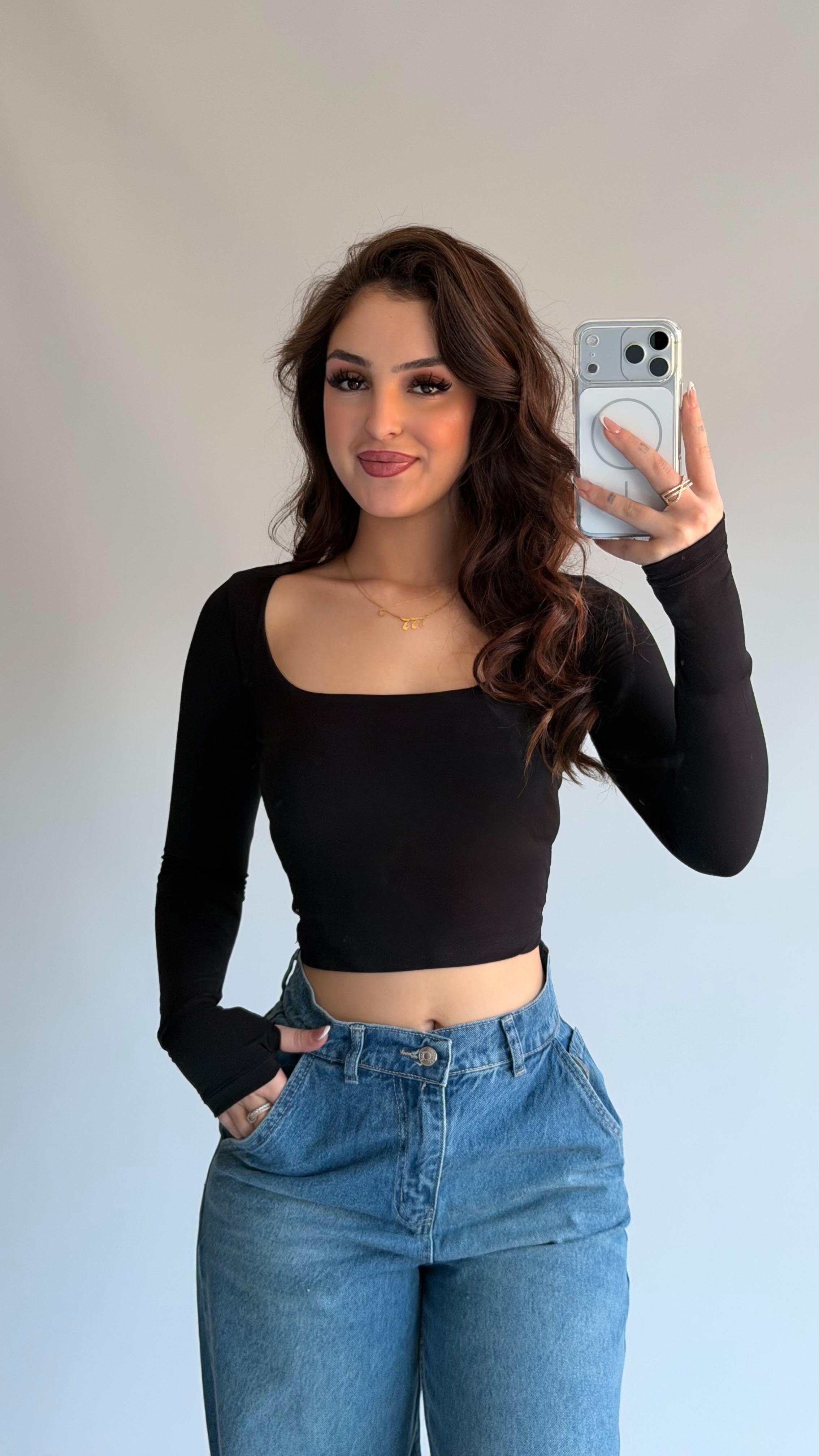 Kare Yaka Sandy Uzun Kollu Crop Siyah