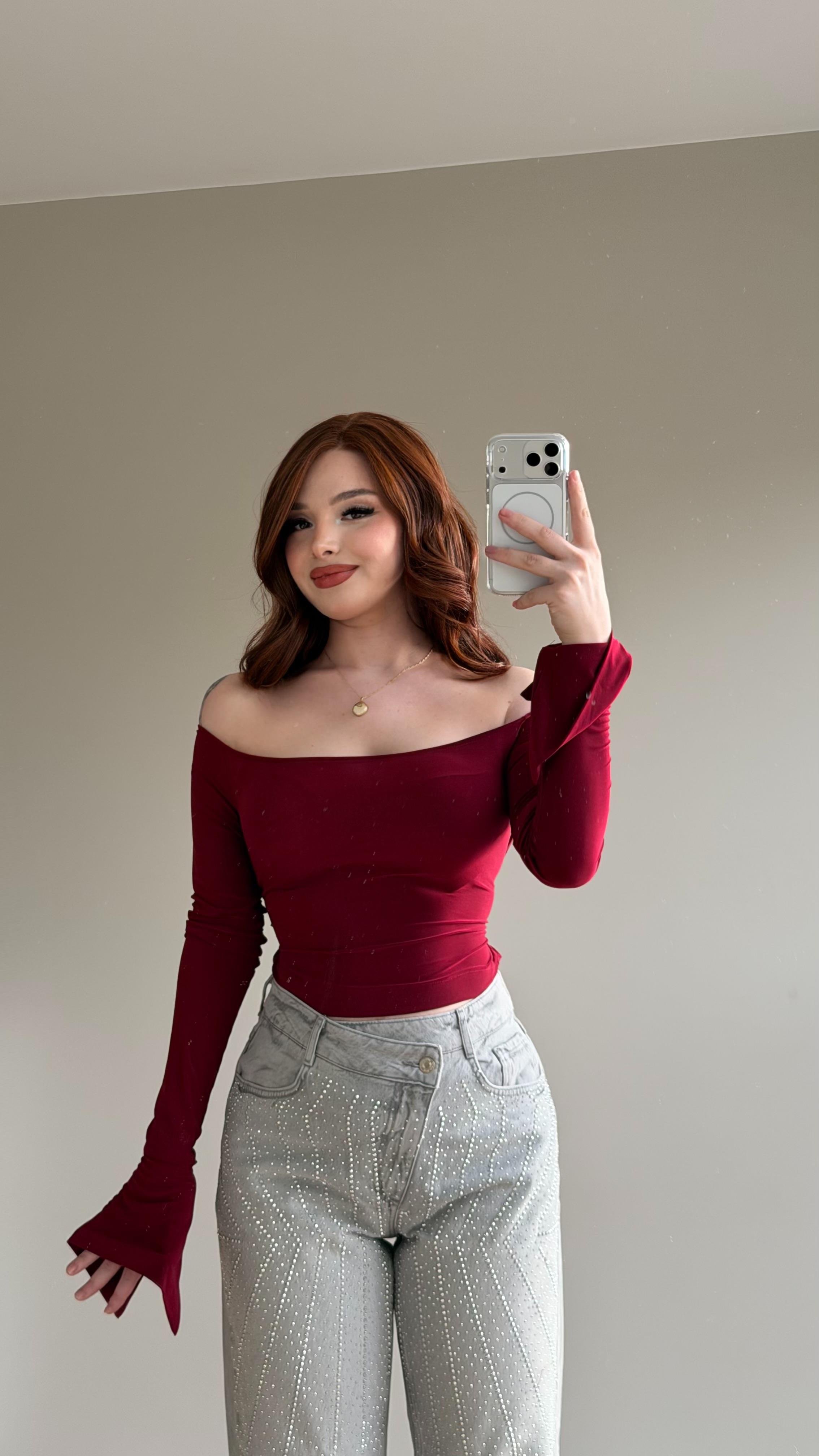 Kayık Yaka Belden Bağlamalı Bluz Bordo