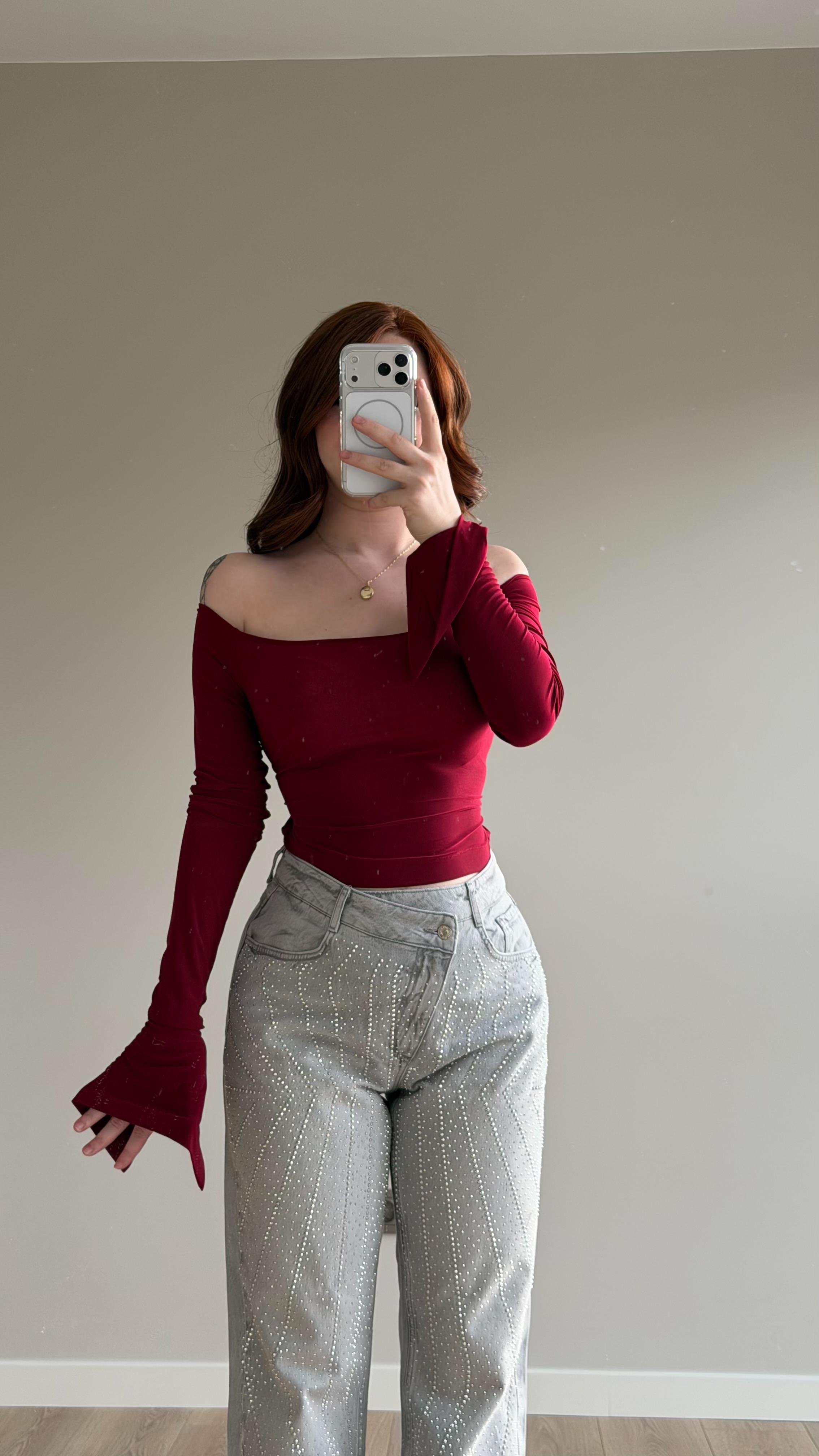 Kayık Yaka Belden Bağlamalı Bluz Bordo