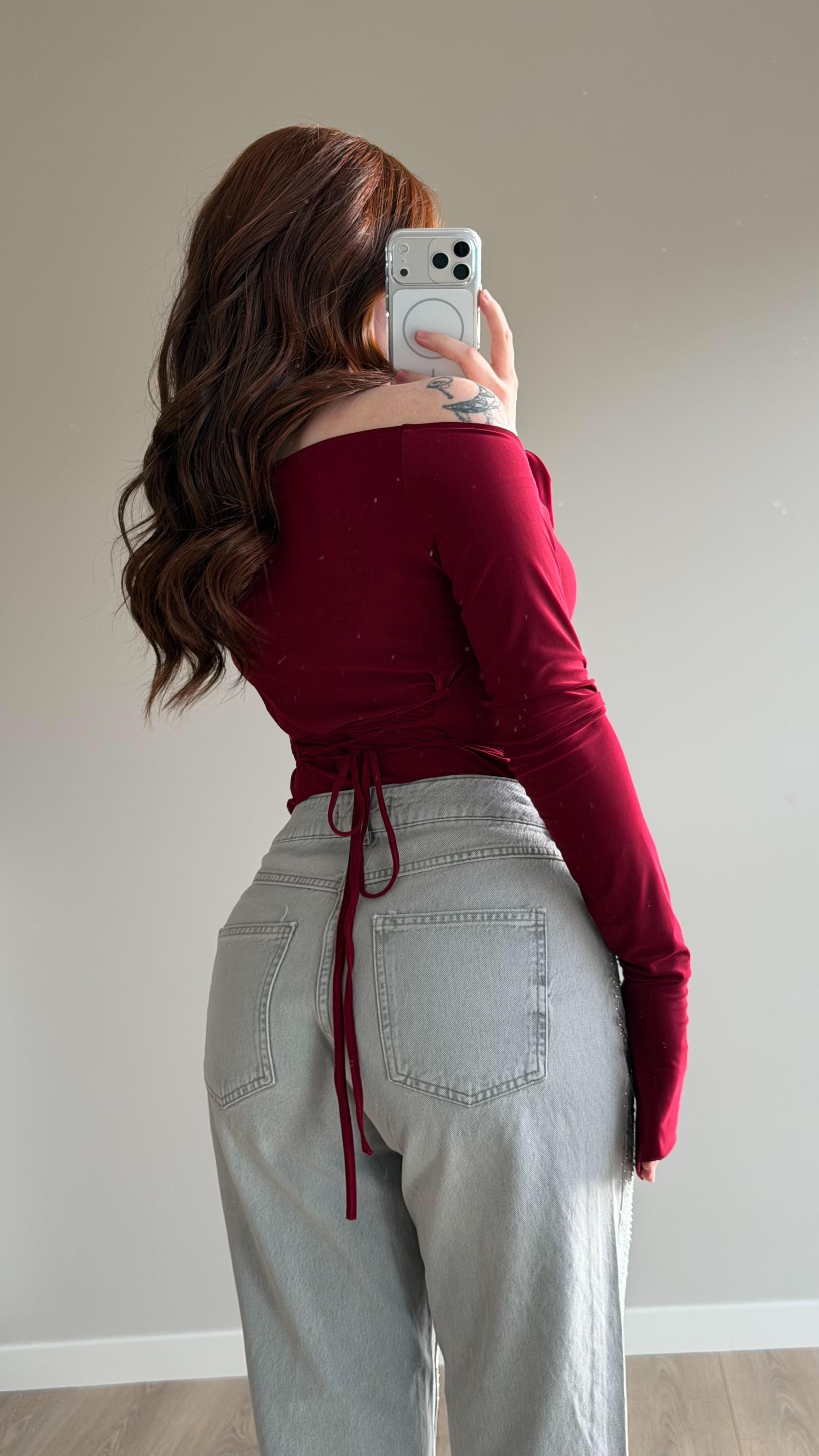 Kayık Yaka Belden Bağlamalı Bluz Bordo